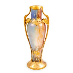 Antique Austrian Jugendstil Glass Vase Tricolore Decoration with Metal Mount circa 1900