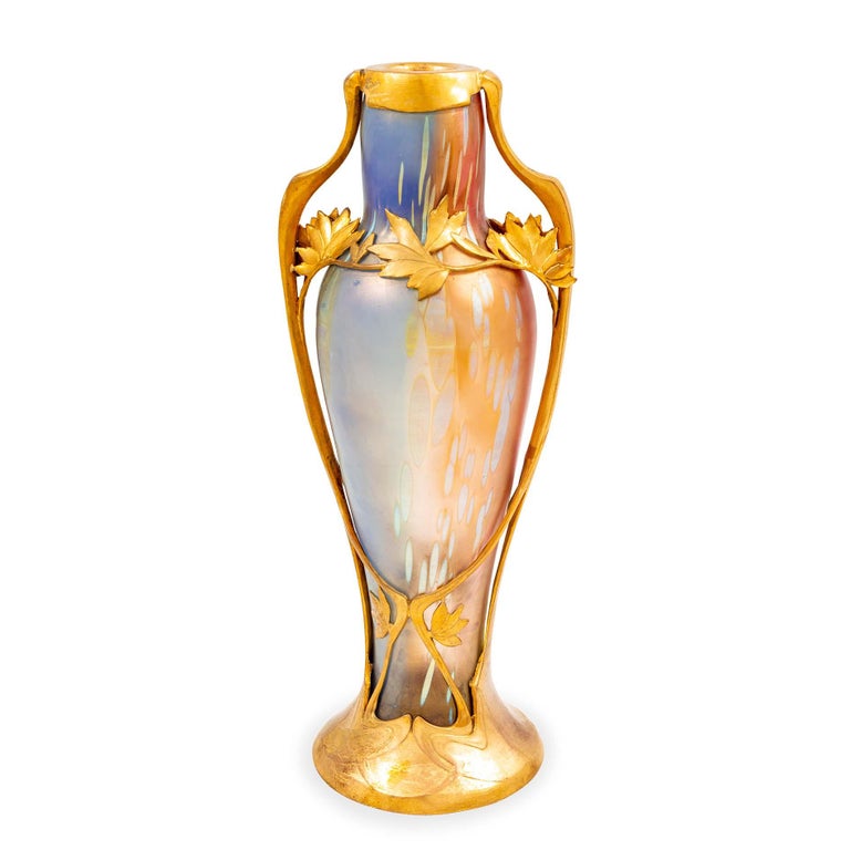 Austrian Jugendstil Glass Vase Tricolore Decoration with Metal Mount circa 1900 For Sale