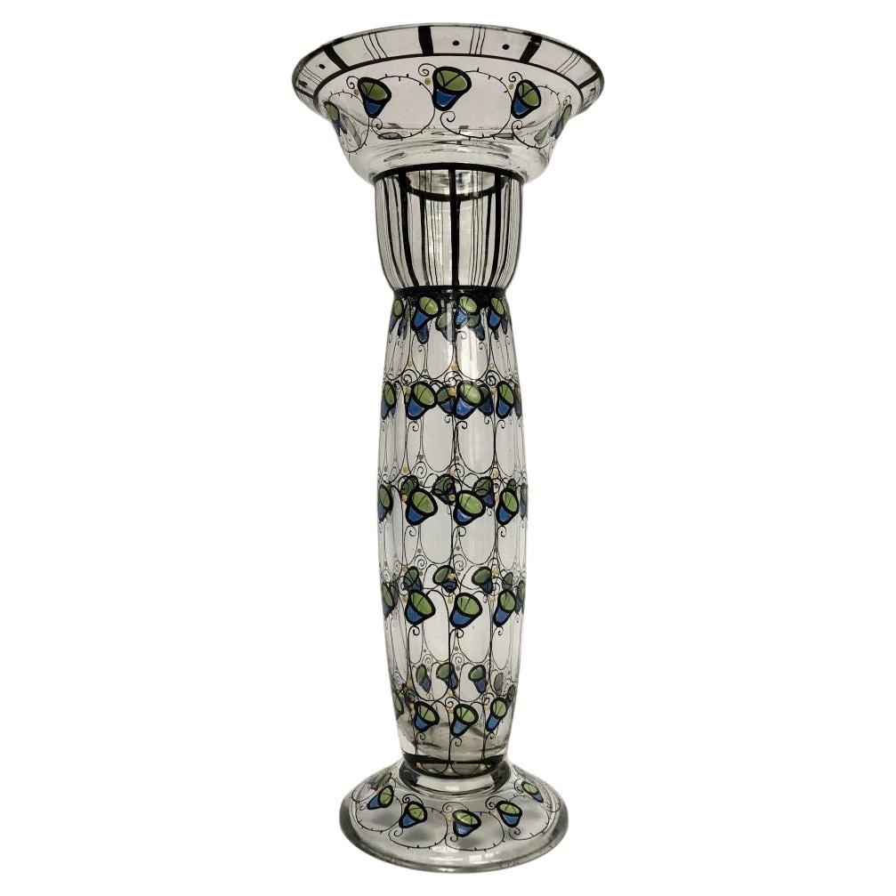 Austrian Jugendstil Glass Vase with Enameled Decor 1910 Ateliers Wiener Werkstä For Sale