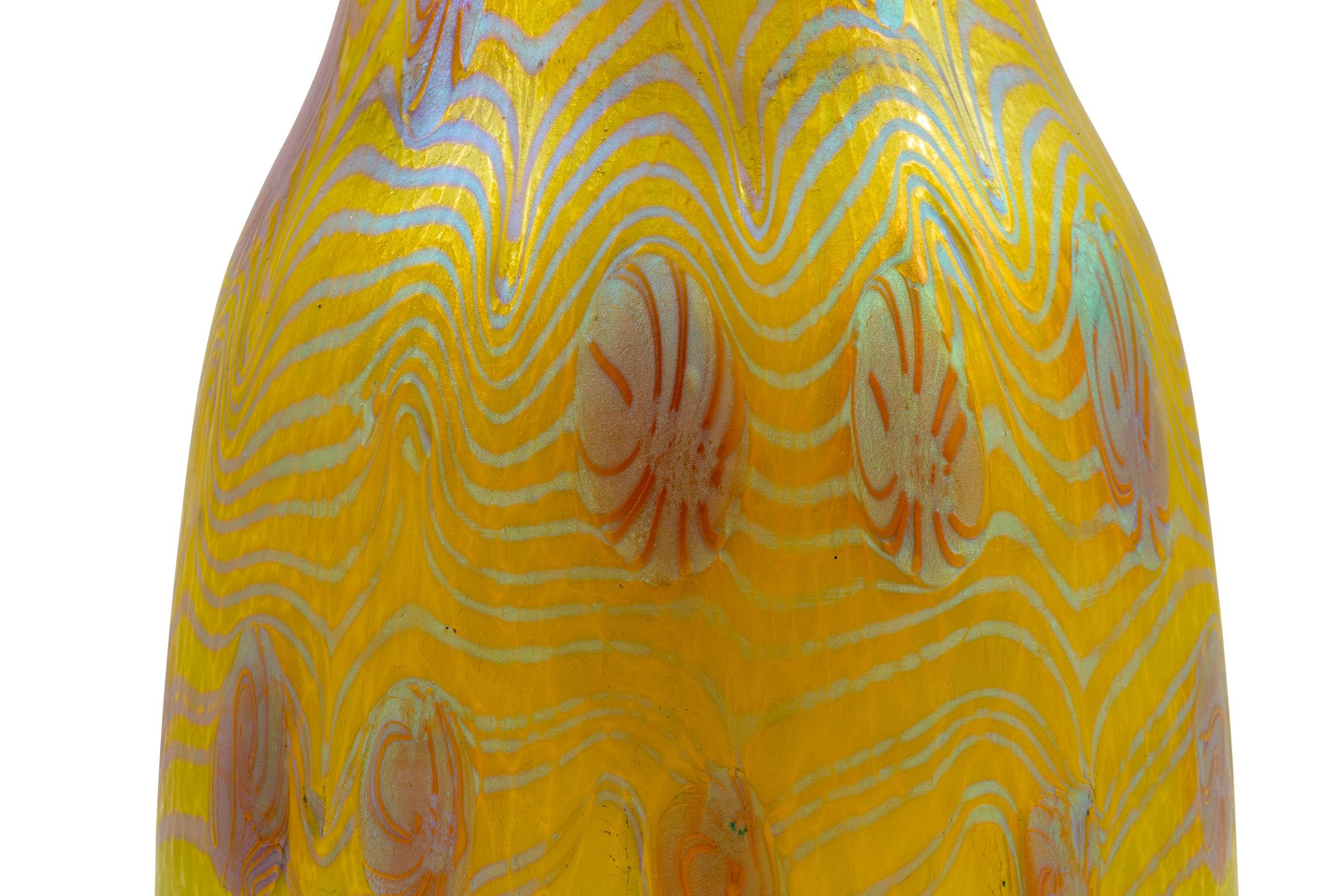 Early 20th Century Austrian Jugendstil Glass Vase Yellow Iridescent circa 1903 Loetz For Sale
