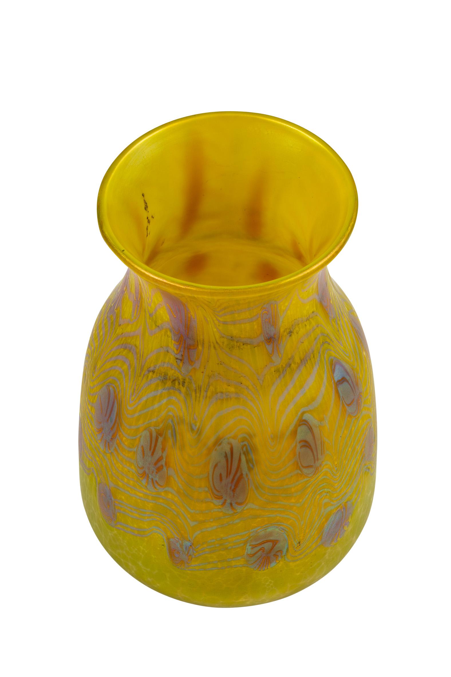 Blown Glass Austrian Jugendstil Glass Vase Yellow Iridescent circa 1903 Loetz For Sale