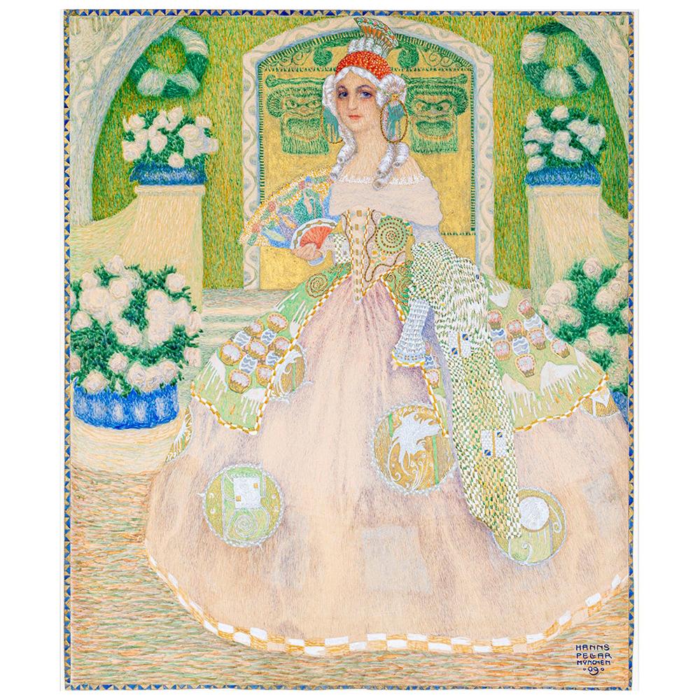 Austrian Jugendstil Gouache and Gold on Cardboard Painting Lady in a Gown 1909 For Sale