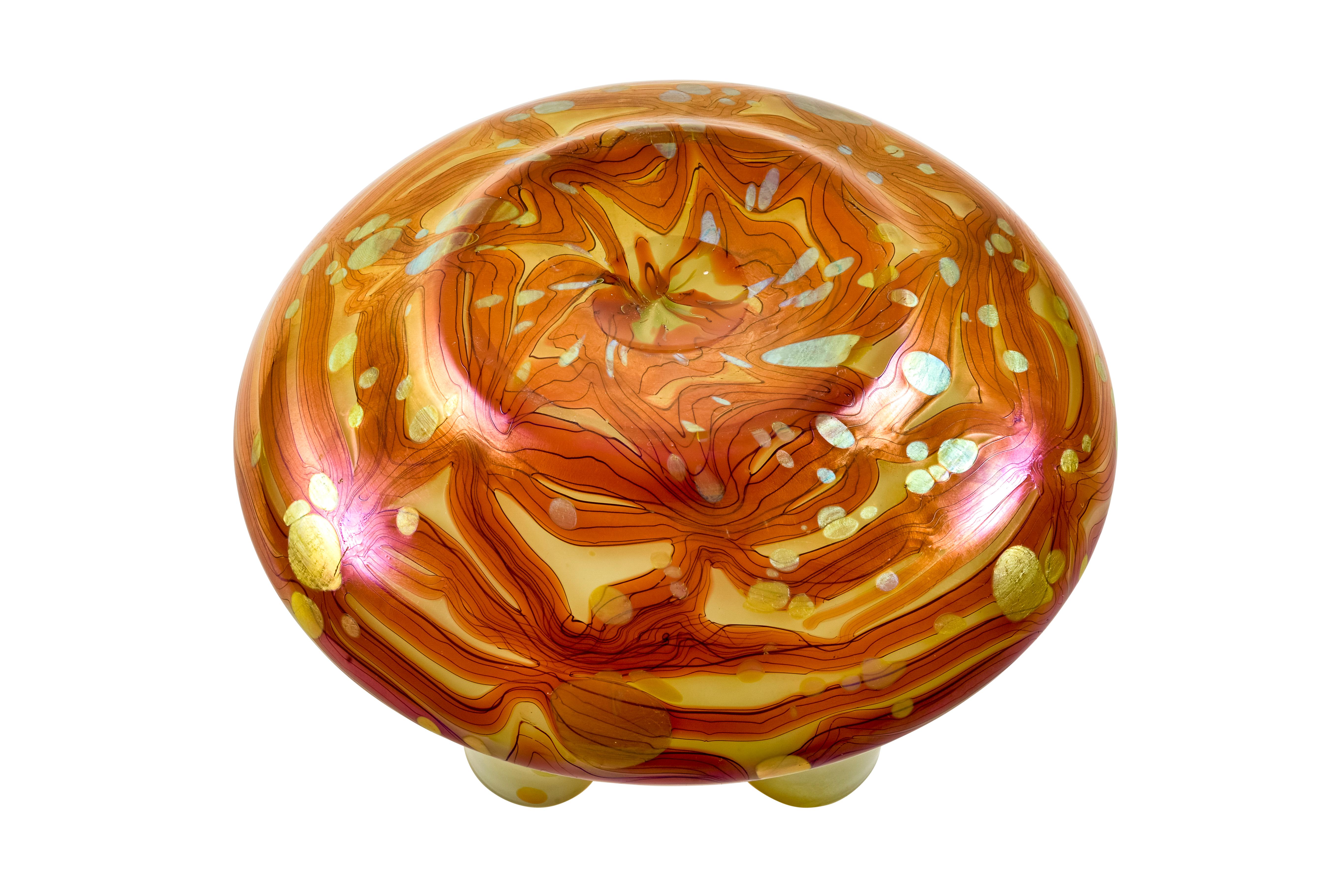 Art Nouveau Austrian Jugendstil Loetz Art Glass Bowl Orange Red Iridescent, circa 1902 For Sale