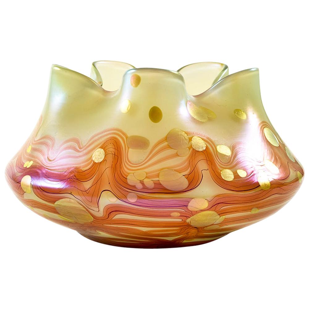 Austrian Jugendstil Loetz Art Glass Bowl Orange Red Iridescent, circa 1902 For Sale