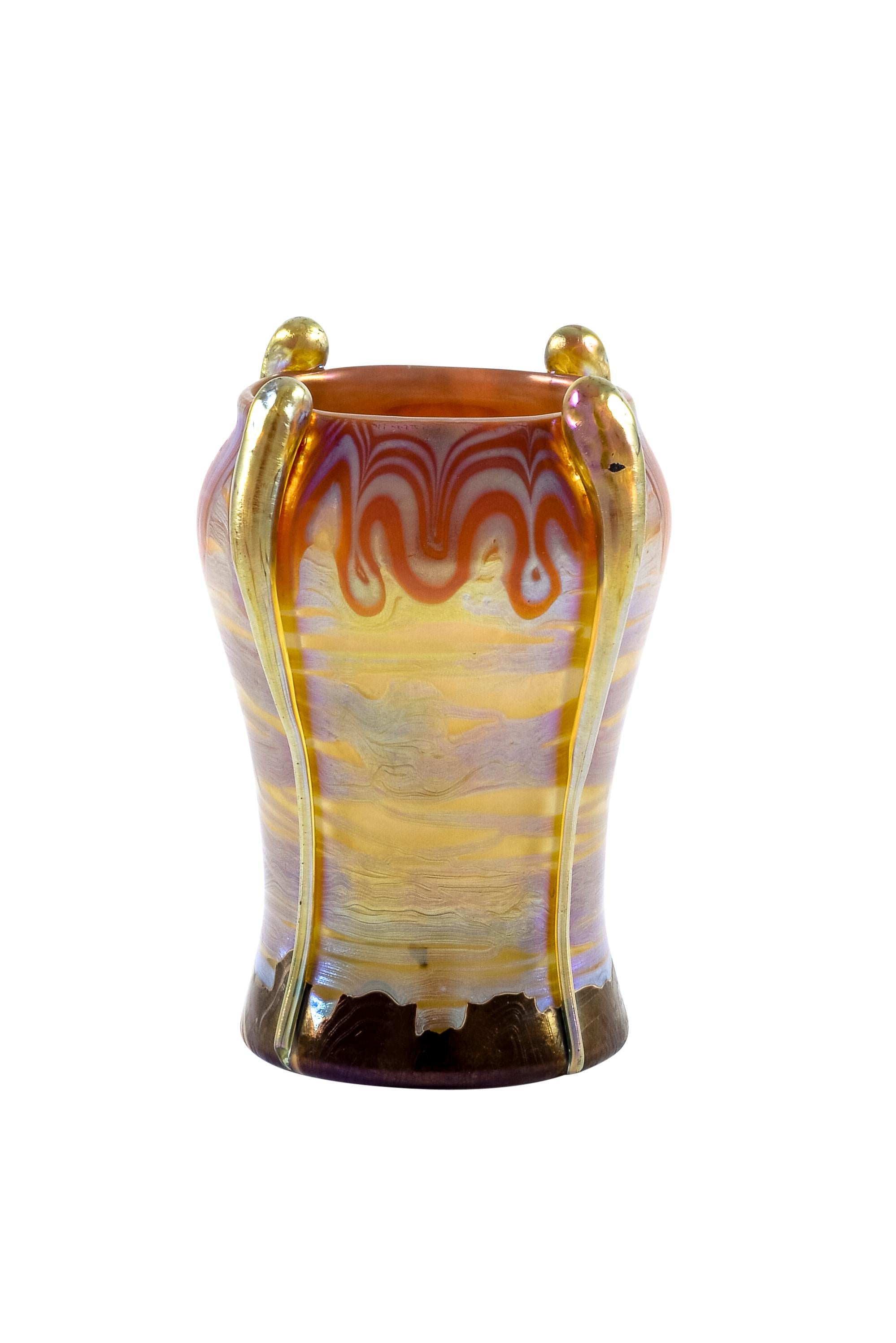 Austrian Jugendstil Loetz Art glass vase orange circa 1901 Koloman Moser School Decor Franz Hofstotter

The form design for this vase can be attributed to Robert Holubetz. Between 1898 and 1902 he studied at the Vienna School of Arts and Crafts