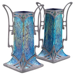 Austrian Jugendstil Pair of Glass Vases Blue with Tin Mounting circa 1902 Loetz