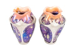 Austrian Jugendstil Pair of Glass Vases with Tin Mounting, circa 1902 Loetz