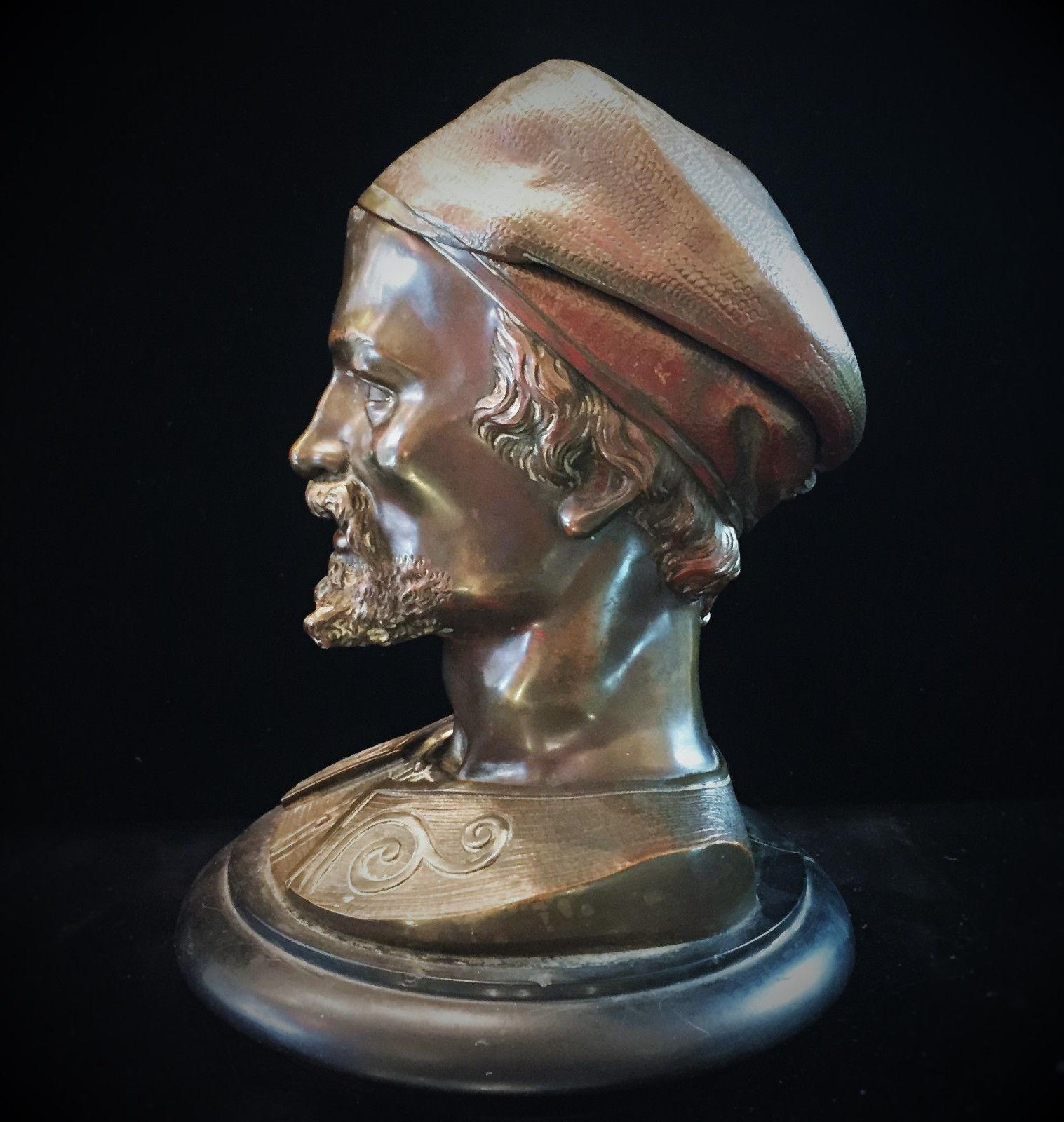 This highly collectible inkwell of a cold-painted Vienna bronze of rare beauty and size, made in the form of a Moor's head in a characteristic headdress, which also serves as the lid.

Cold-painting on bronze was a technique most popular in