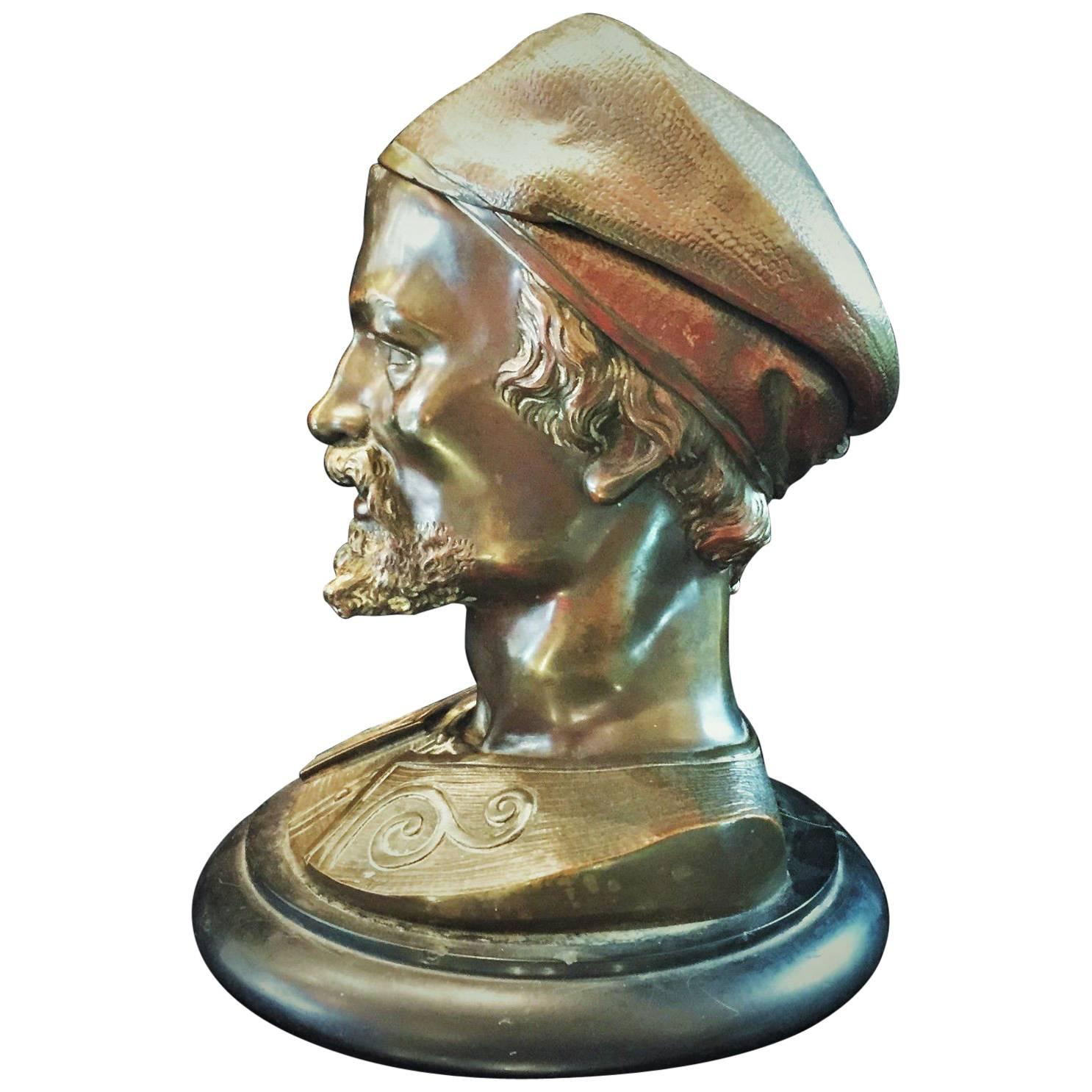 Encrier sculptural autrichien Jugenstil, Tête de Maure, en bronze, Vienne, vers 1890