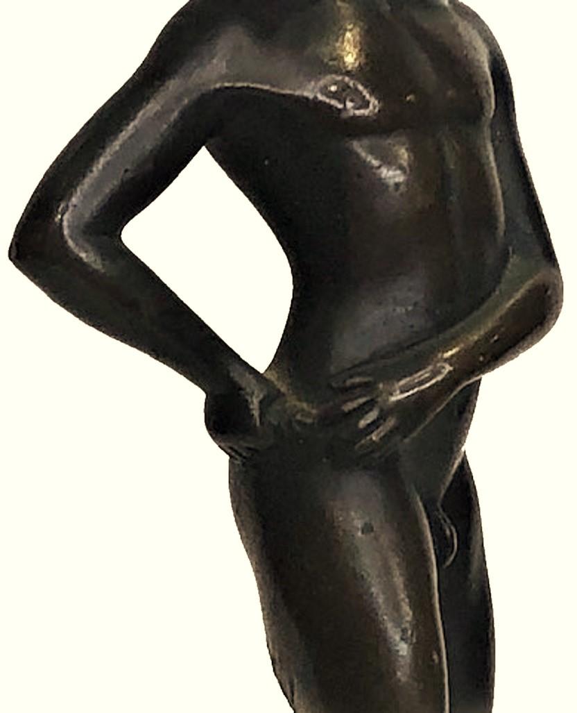 Early 20th Century Austrian Jugenstil Patinated Bronze Sculpture of Fawn Youth, Ca. 1900 For Sale