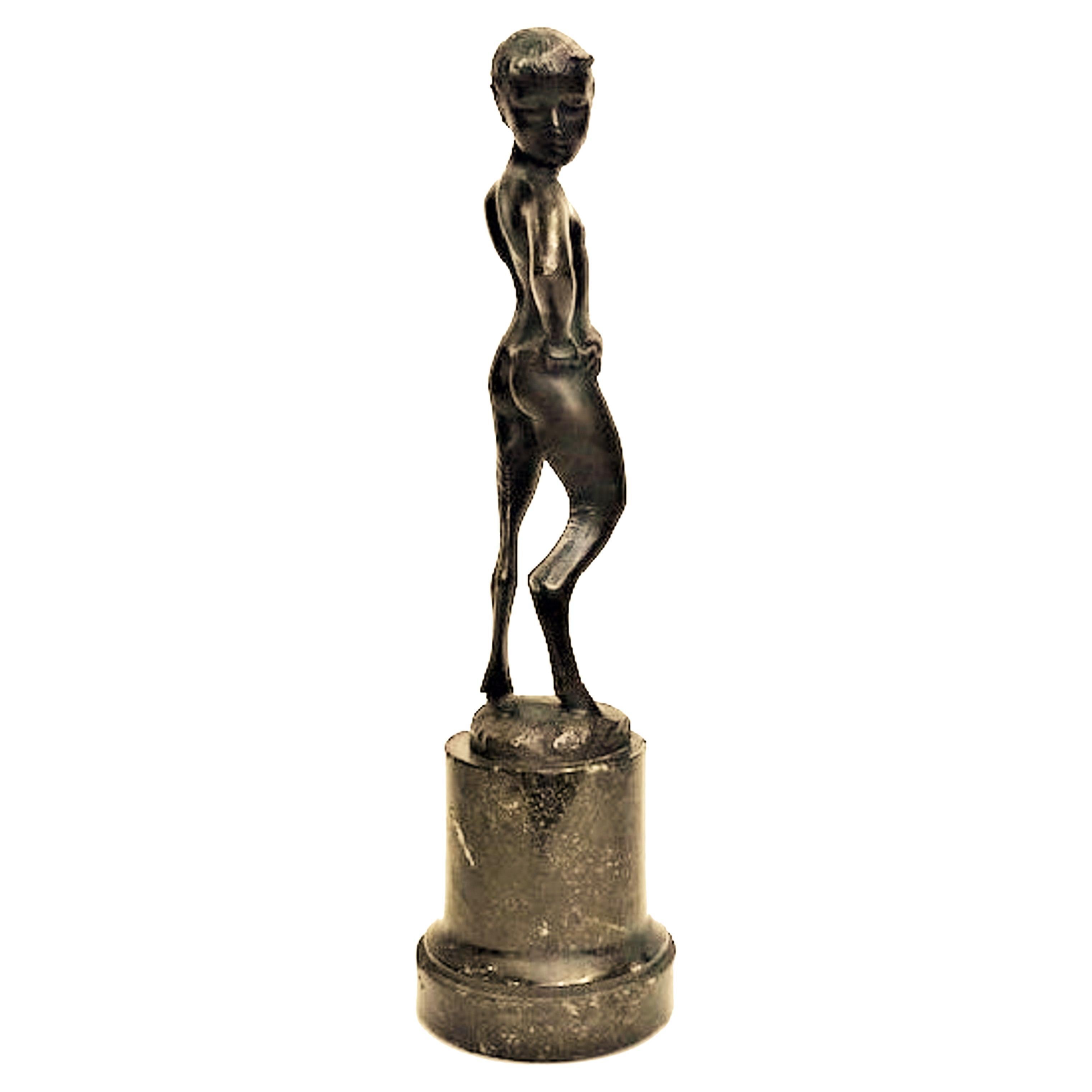 Austrian Jugenstil Patinated Bronze Sculpture of Fawn Youth, Ca. 1900 For Sale