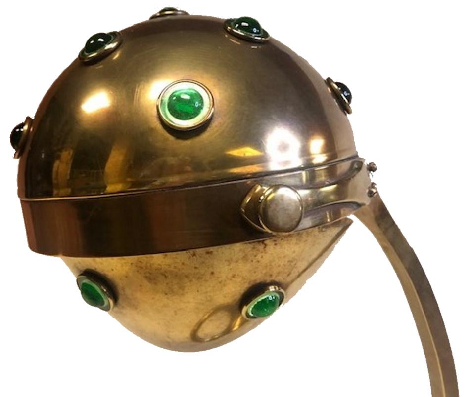About Lamp
Rare, museum-quality and unique in its most unusual yet discreet low-key design and the finest workmanship, this Austrian Jugenstil/Secessionist brass desk lamp adorned with green glass cabochons completely around the perimeter of the