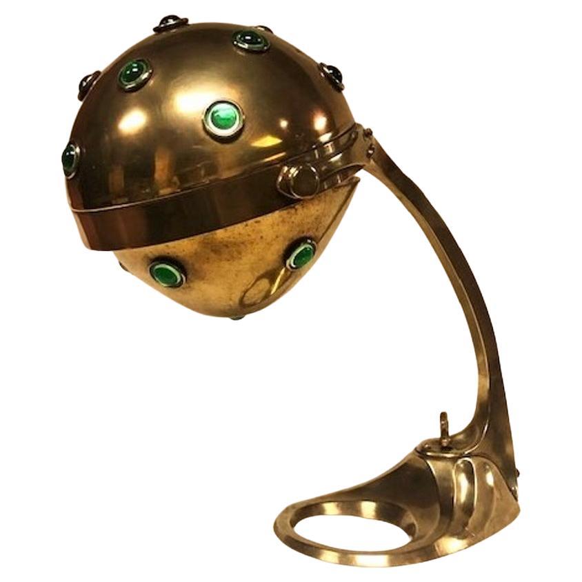 Austrian Jugenstil-Secessionist Brass Desk Lamp with Glass Cabochons, ca. 1900 For Sale