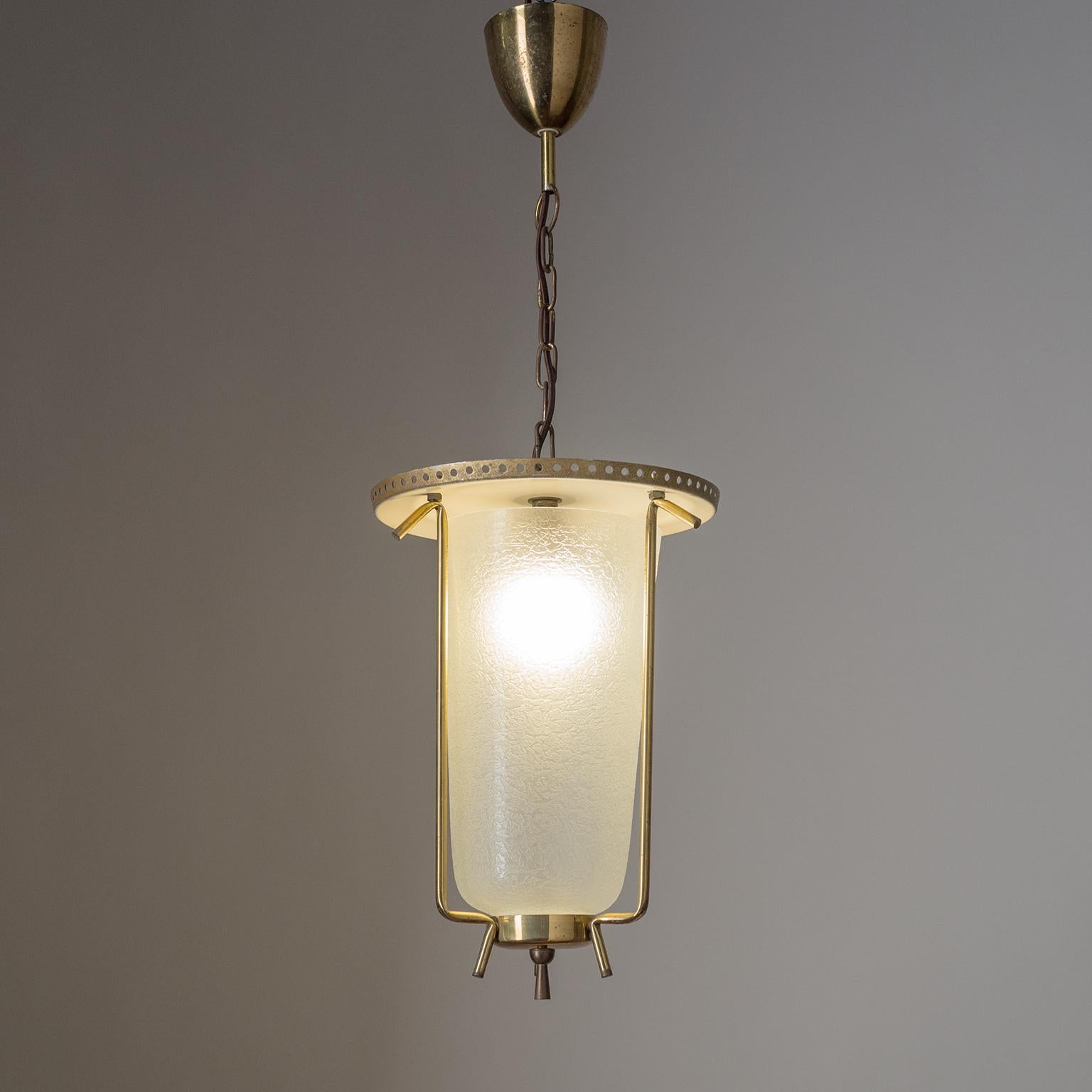 Mid-Century Modern Austrian Lantern, circa 1950, Brass and Textured Glass