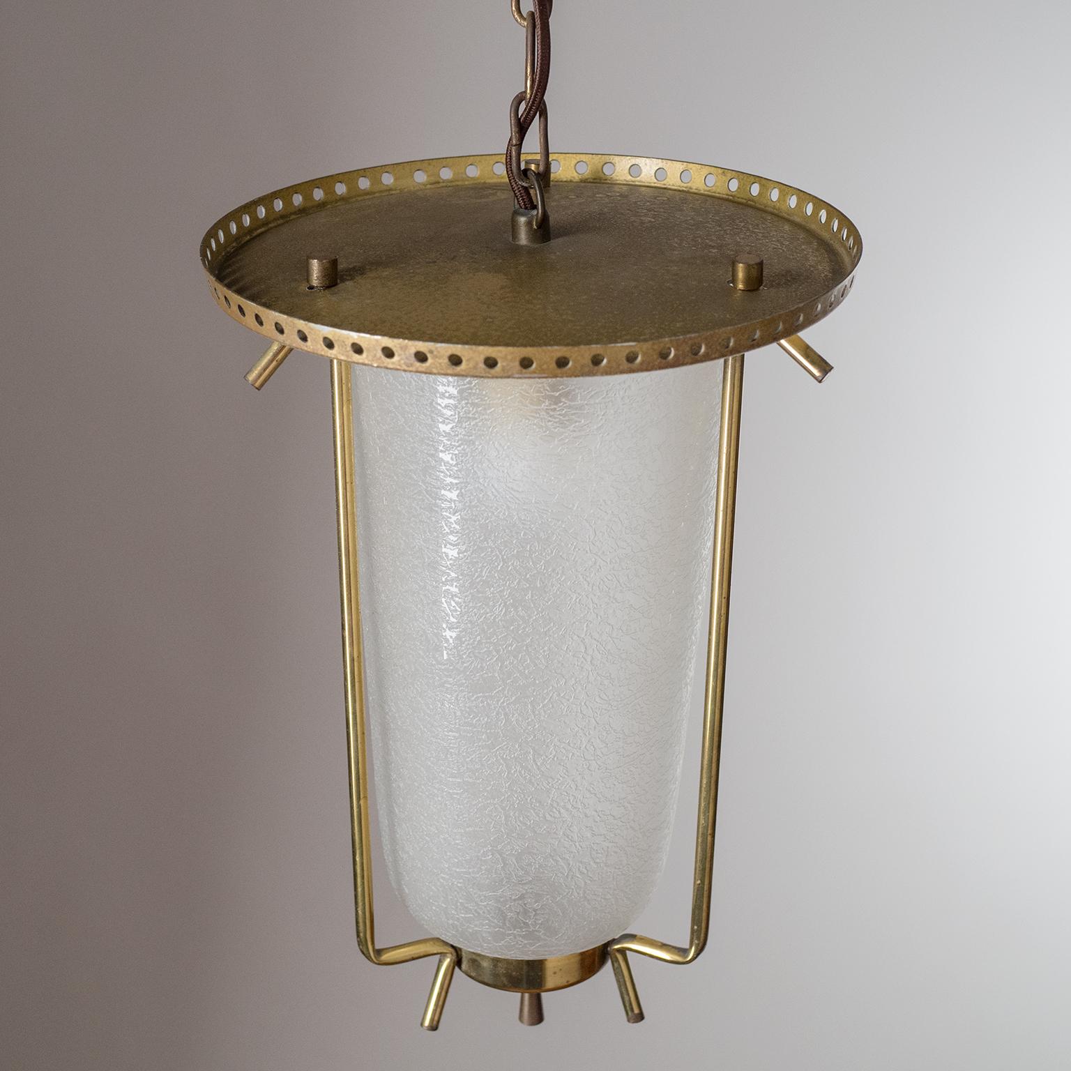 Austrian Lantern, circa 1950, Brass and Textured Glass 1