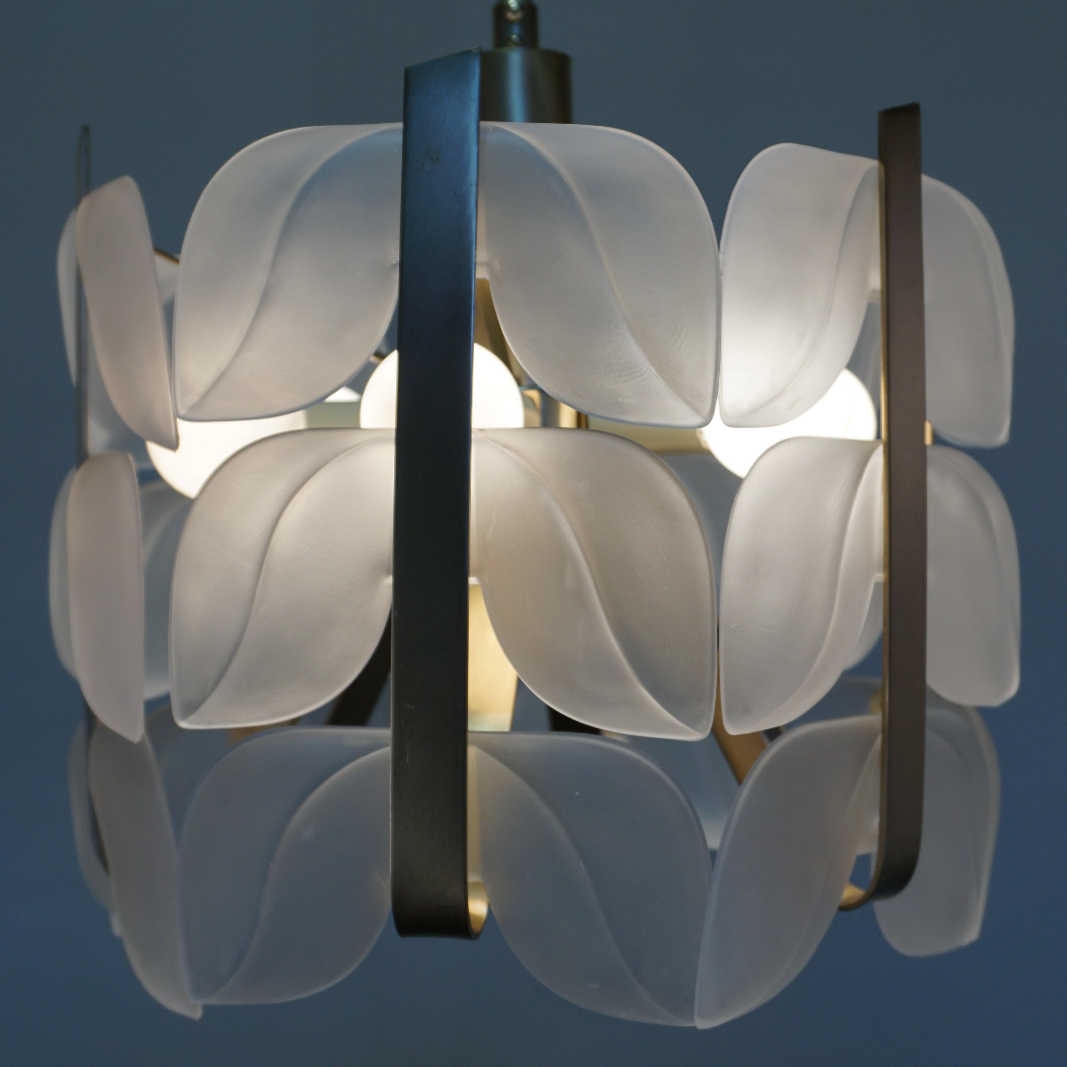 Satin frost leaf design glass chandelier with six-light by J. T. Kalmar.