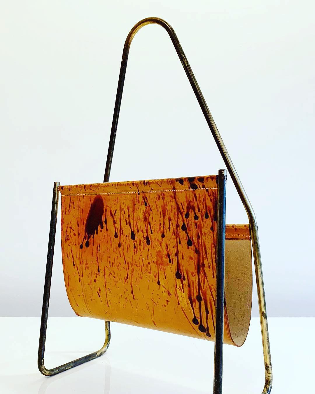 20th Century Austrian Leather and Brass Magazine Rack by Carl Auböck, 1950s For Sale