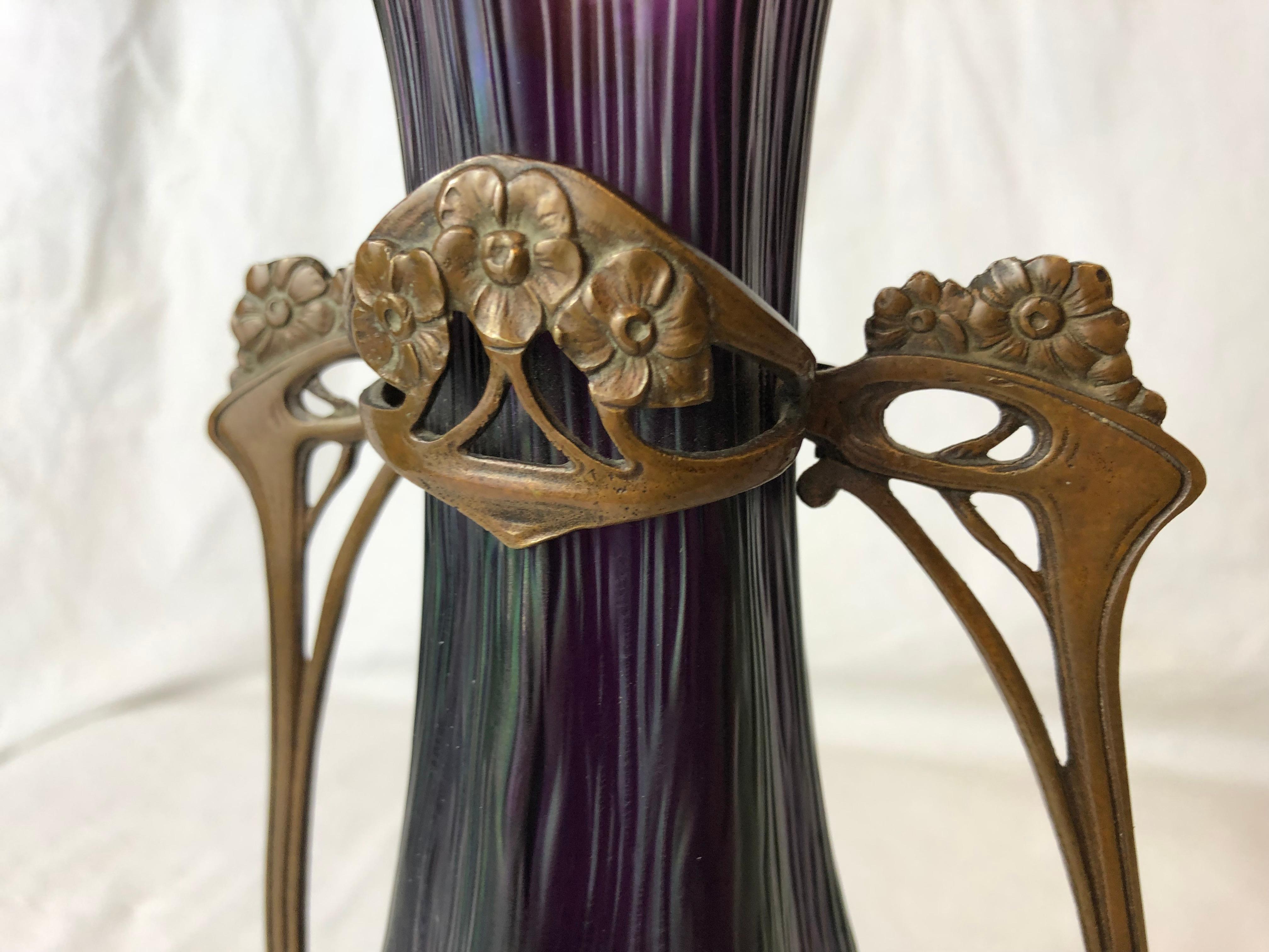 20th Century Austrian Loetz Art Nouveau Glass Vase on Bronze Stand For Sale