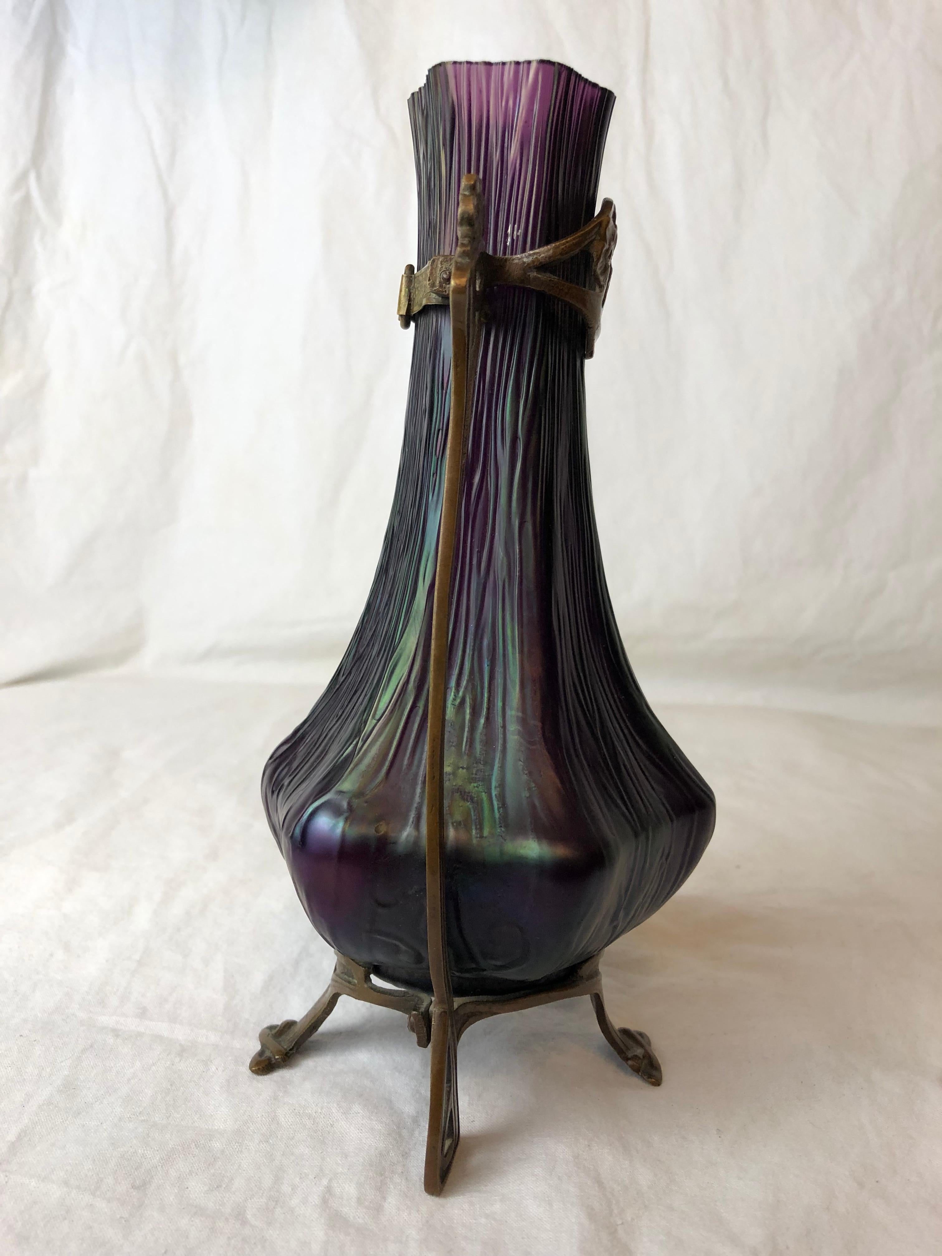 Austrian Loetz Art Nouveau Glass Vase on Bronze Stand For Sale 3