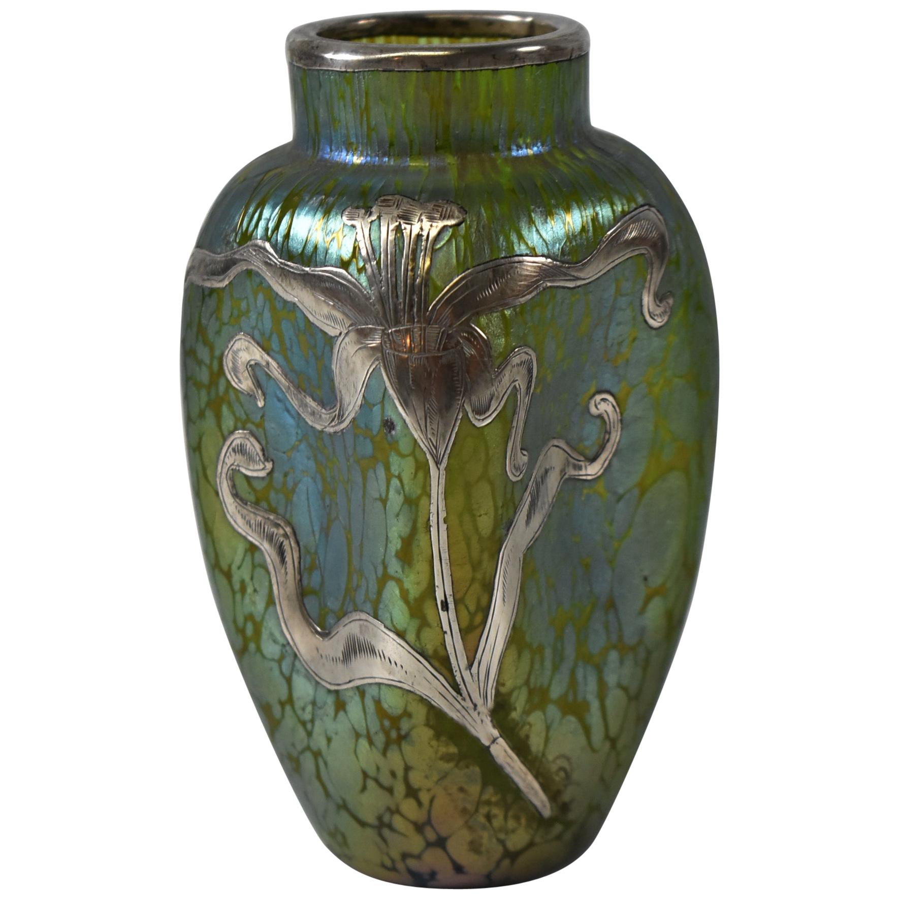 Austrian Loetz Iridescent Art Nouveau Glass Vase Sterling Overlay