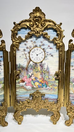 Wiener Paravent im österreichischen Louis-XV-Stil aus Emaille und vergoldeter Bronze mit Uhr