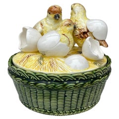 Antique Austrian Majolica Chicks & Eggs Basket Circa 1900