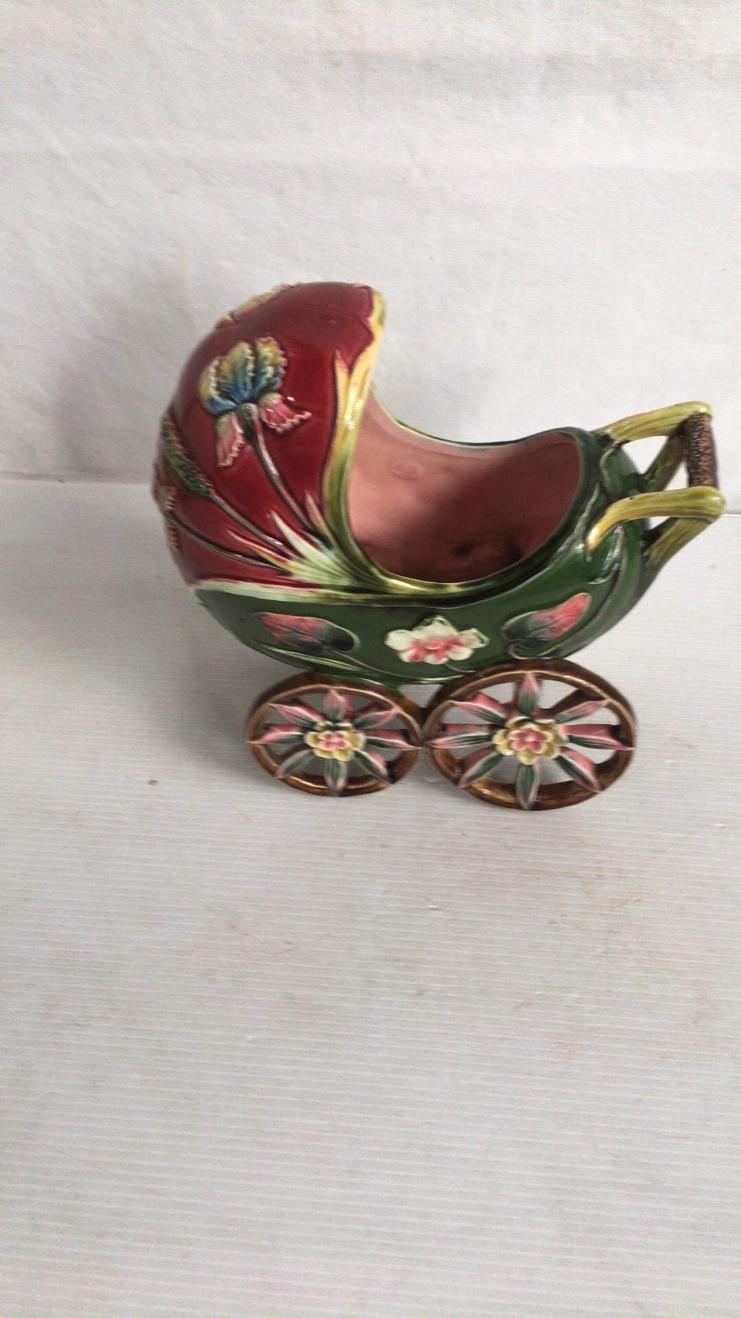 Ceramic Austrian Majolica Cradle Jardinière with Flowers, circa 1900 For Sale