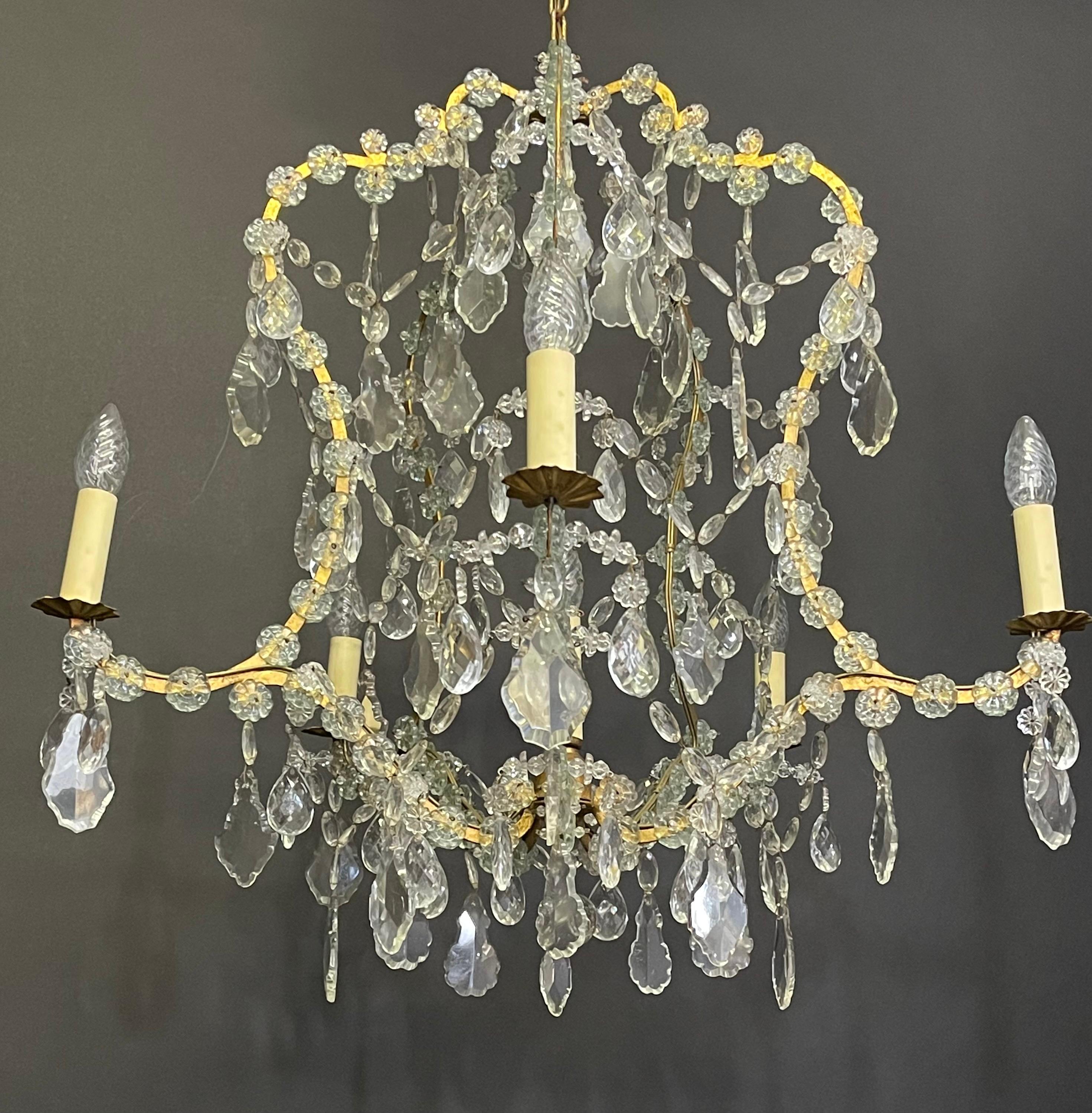 A wonderful, large Pagoda glass and gilt iron chandelier, Austria, circa 1950s.
Measurements: Height - 27.55 inches (without chain and canopy) totally height 48.03 inches.
 Diameter - 27.55 inches.
Socket: for six ( e14) candelabra bulbs or for US