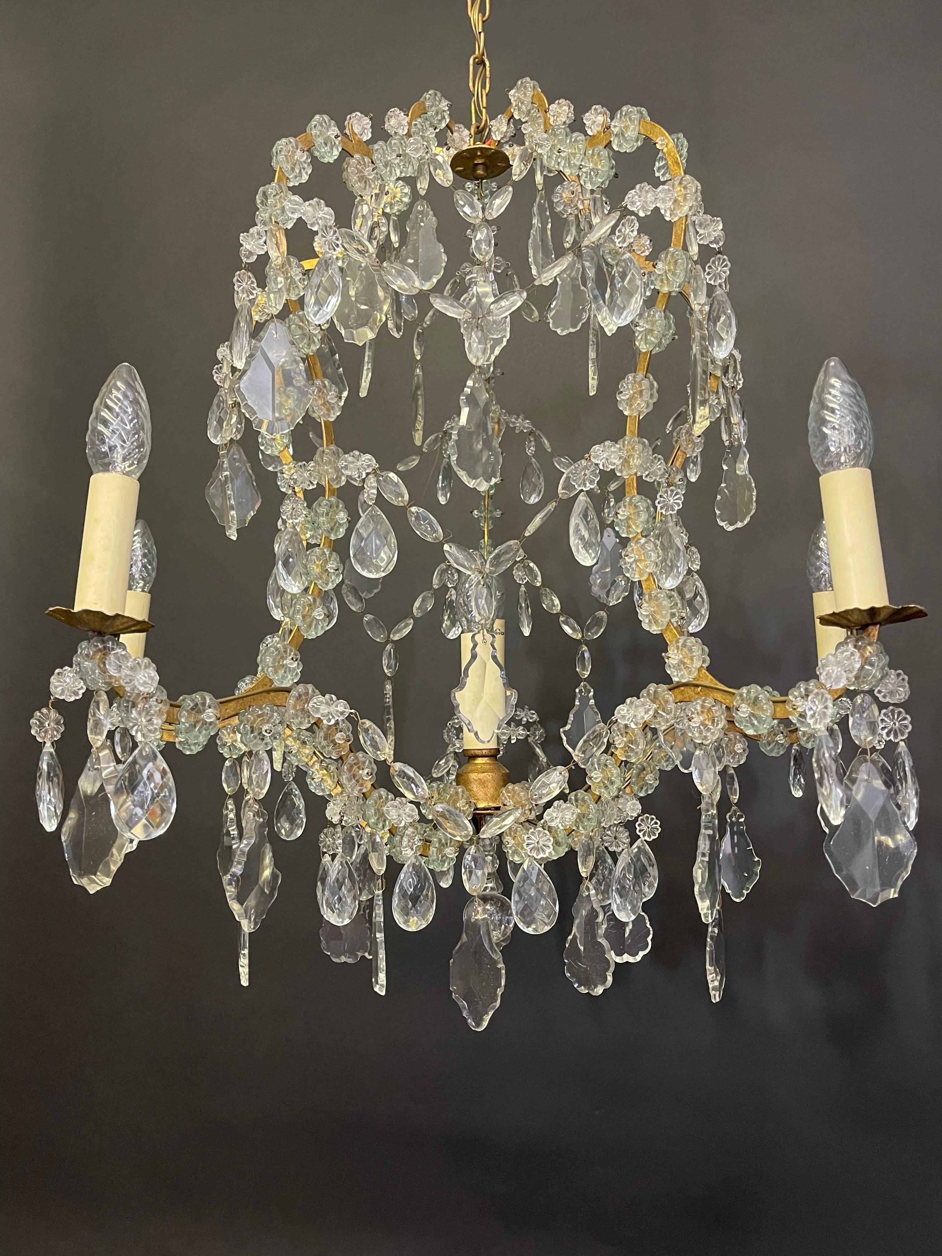 Austrian Gilt Iron and Crystal Pagoda Form Chandelier, circa 1950s For Sale