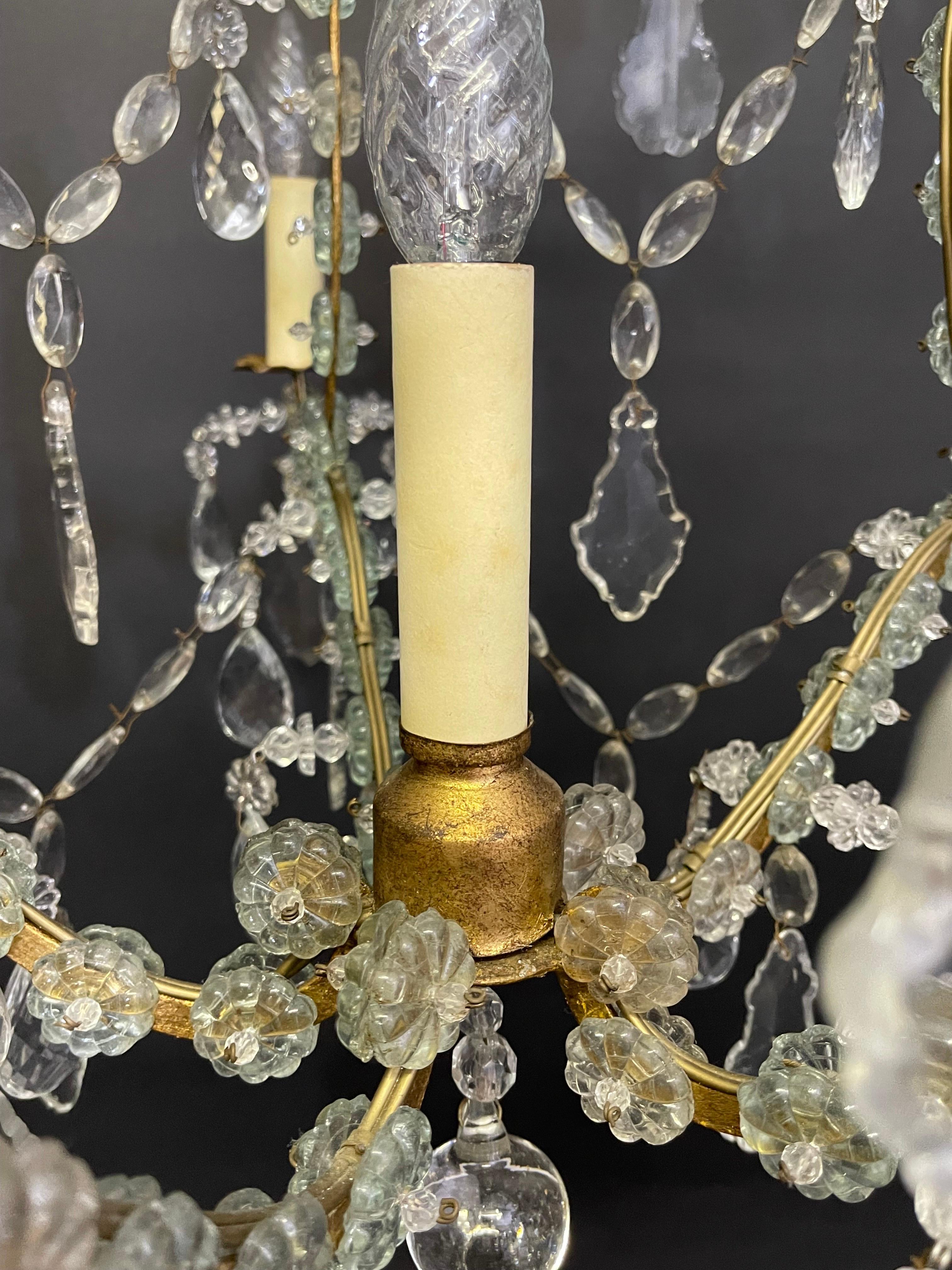 Gilt Iron and Crystal Pagoda Form Chandelier, circa 1950s In Good Condition For Sale In Wiesbaden, Hessen