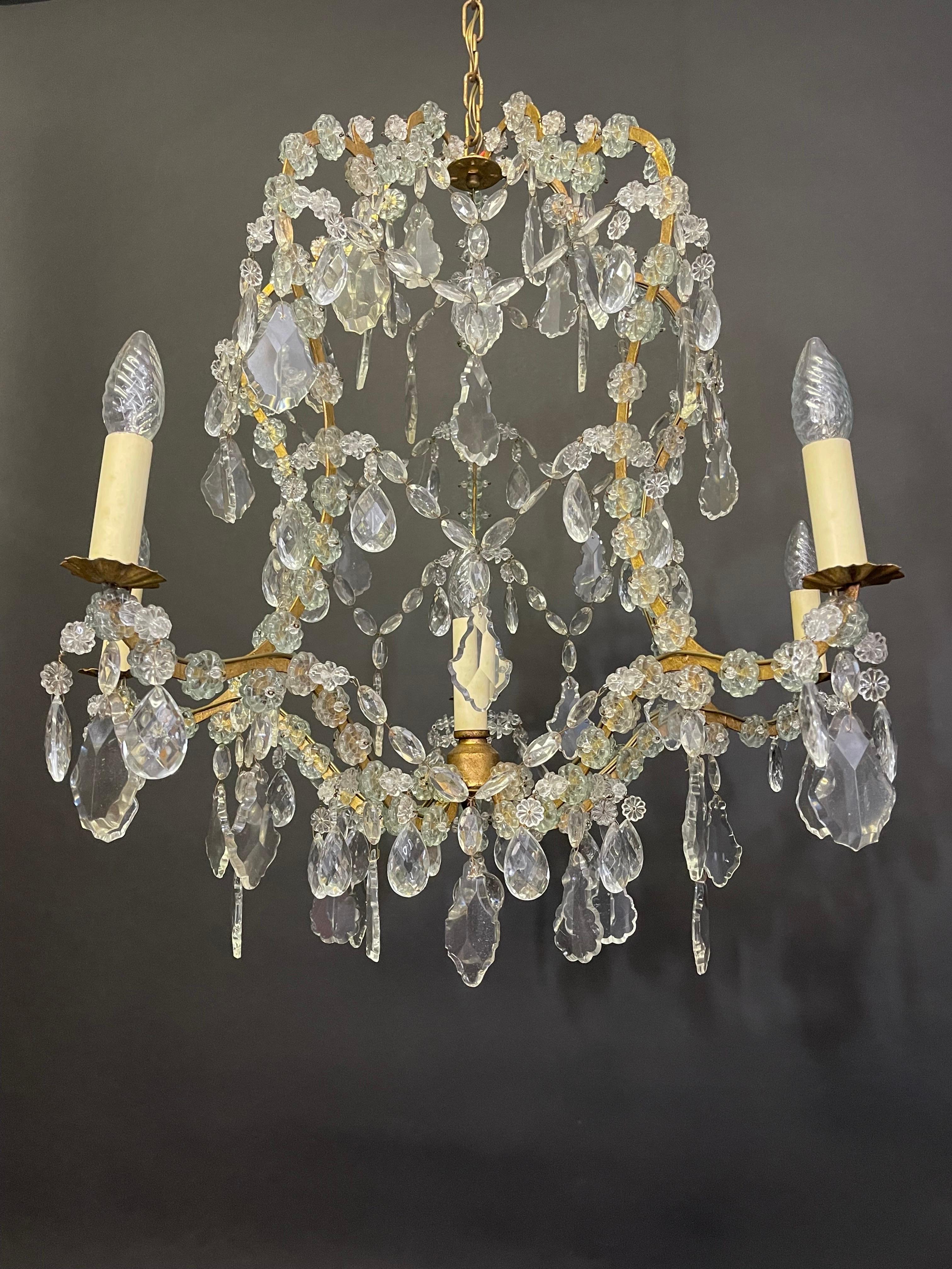 Gilt Iron and Crystal Pagoda Form Chandelier, circa 1950s For Sale 1