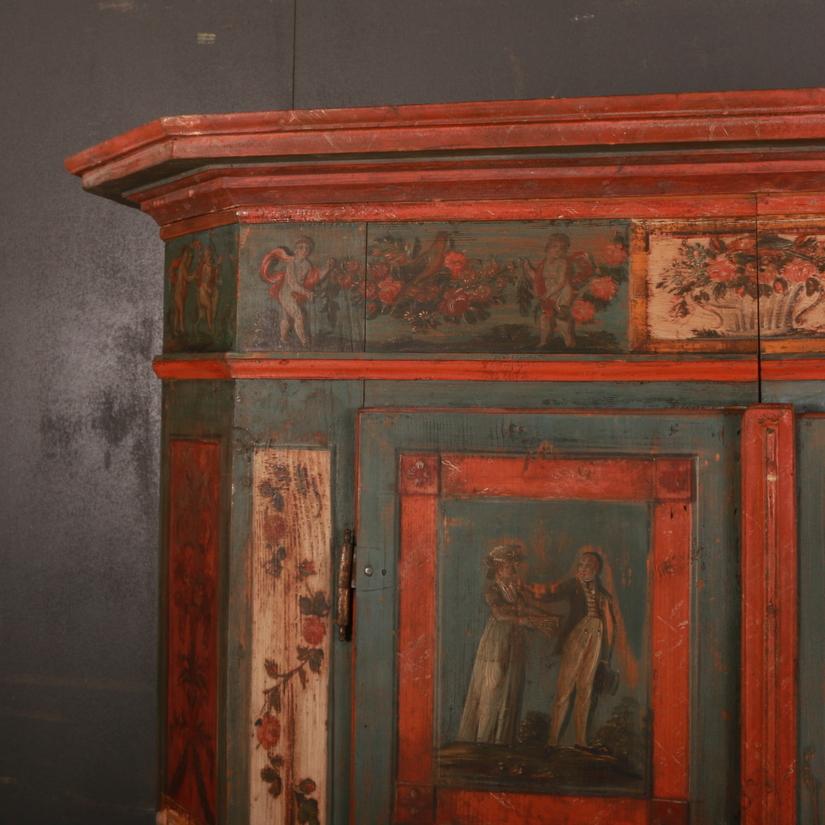 Stunning 18th century Austrian painted marriage armoire. 1780

Dimensions
59 inches (150 cms) wide
23 inches (58 cms) deep
70 inches (178 cms) high.
   
  