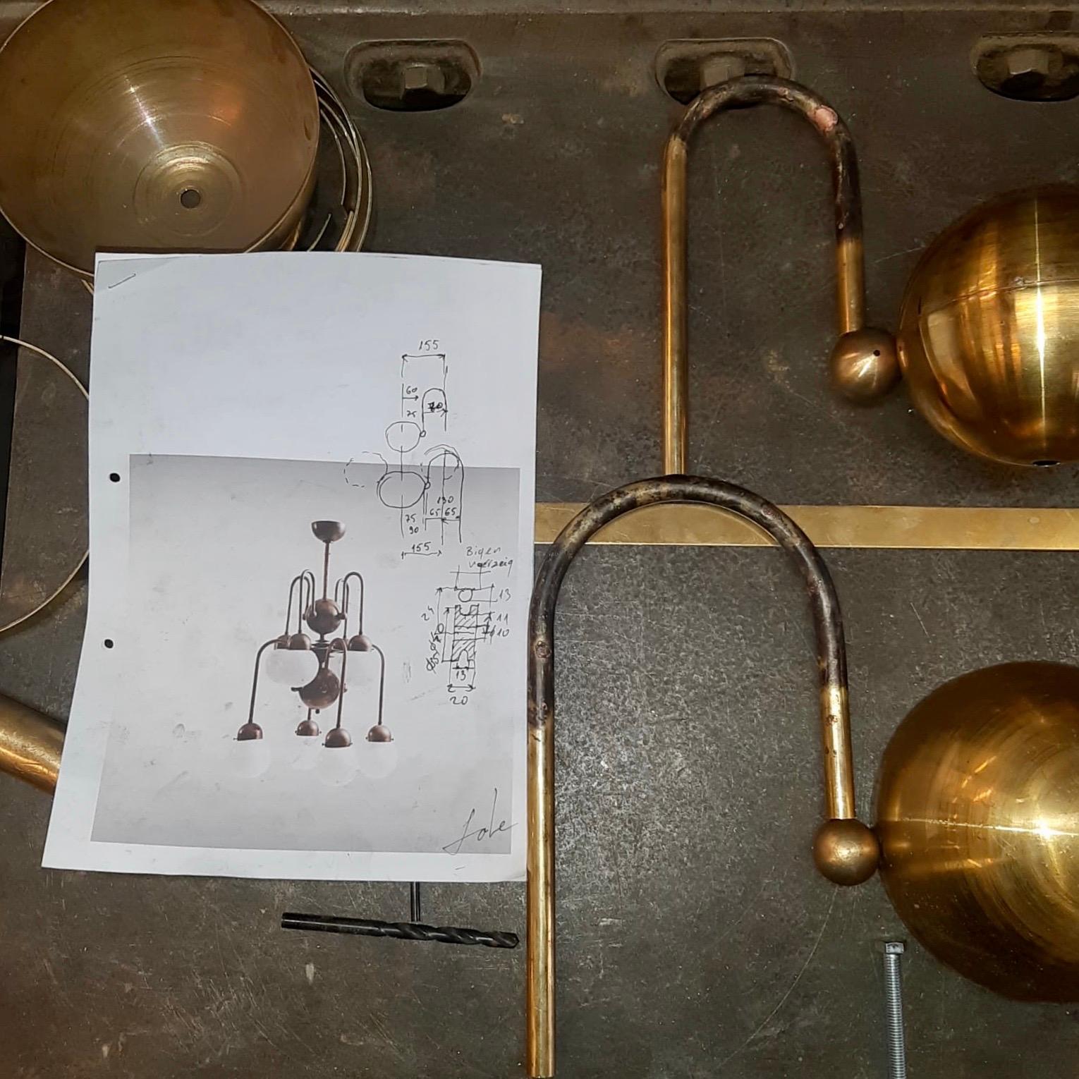 Austrian Mastercraft Art Deco Machine Age Handcrafted Brass Chandelier Re-Edited For Sale 3