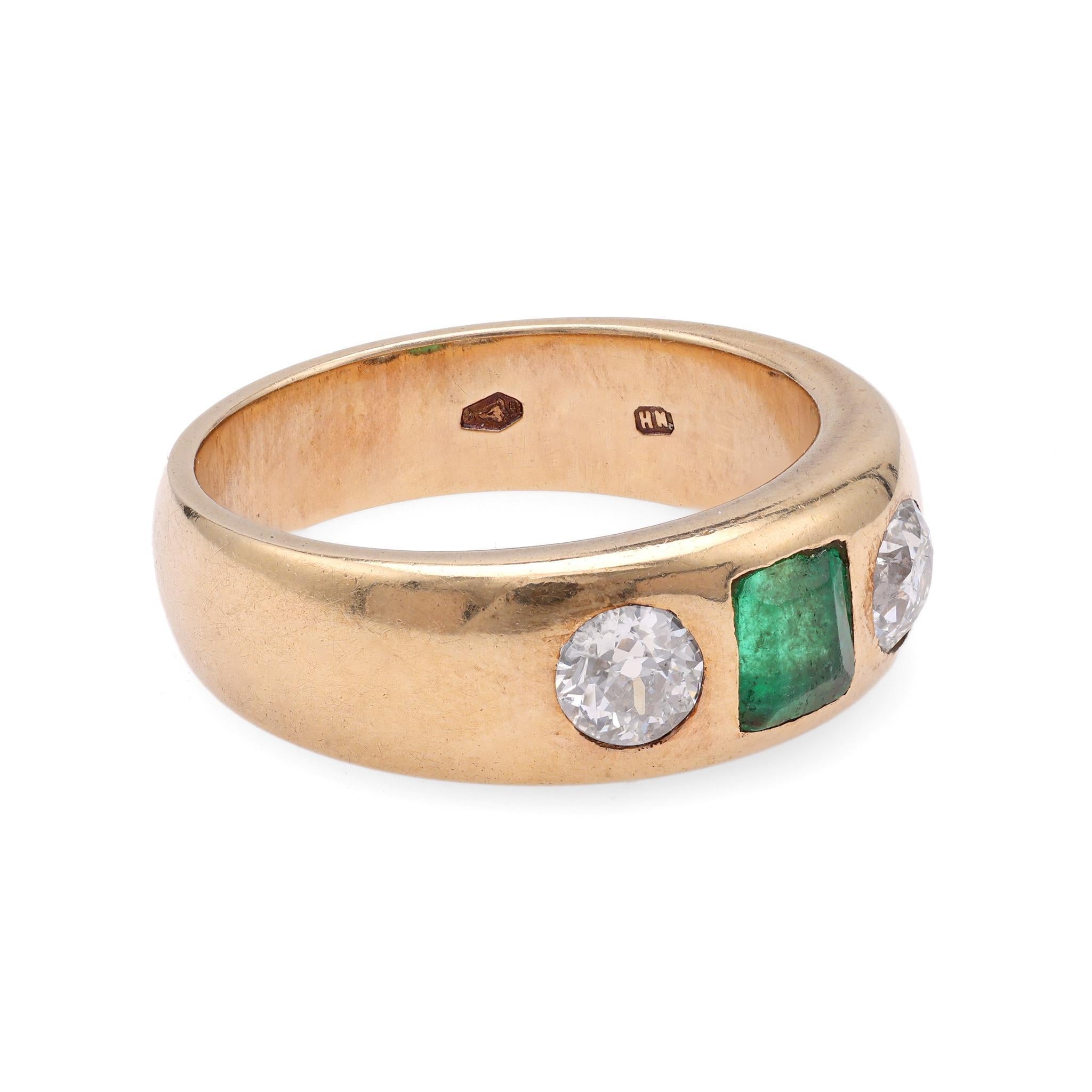 Old European Cut Austrian Mid Century Emerald Diamond Gold Gypsy Ring For Sale