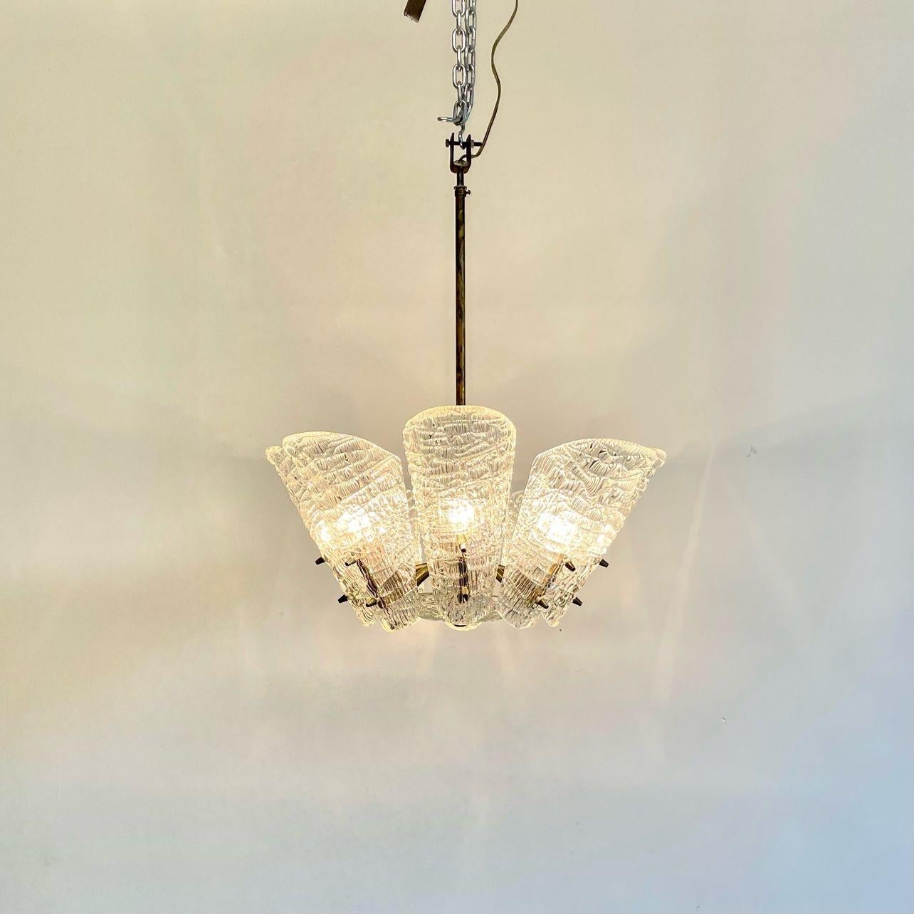 Austrian Mid-Century Modern Chandelier / Pendant, Ice Glass, Brass Kalmar, 1950s In Good Condition In Stamford, CT