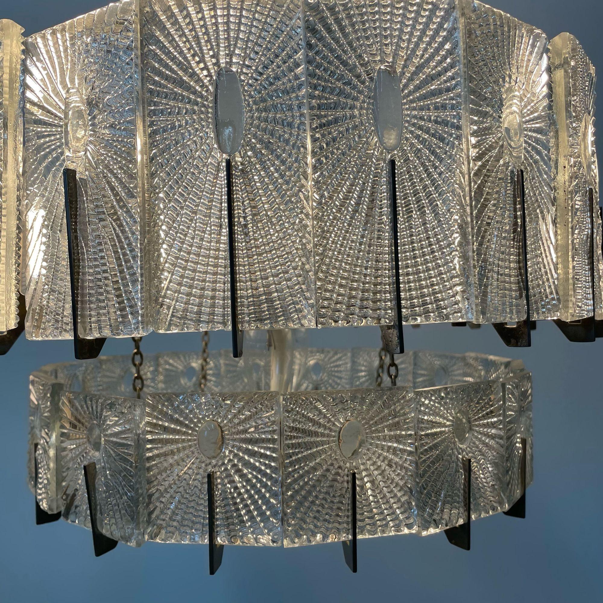 Austrian Mid-Century Modern Two-Tier Chandelier / Pendant, Glass, Rupert Nikoll For Sale 8