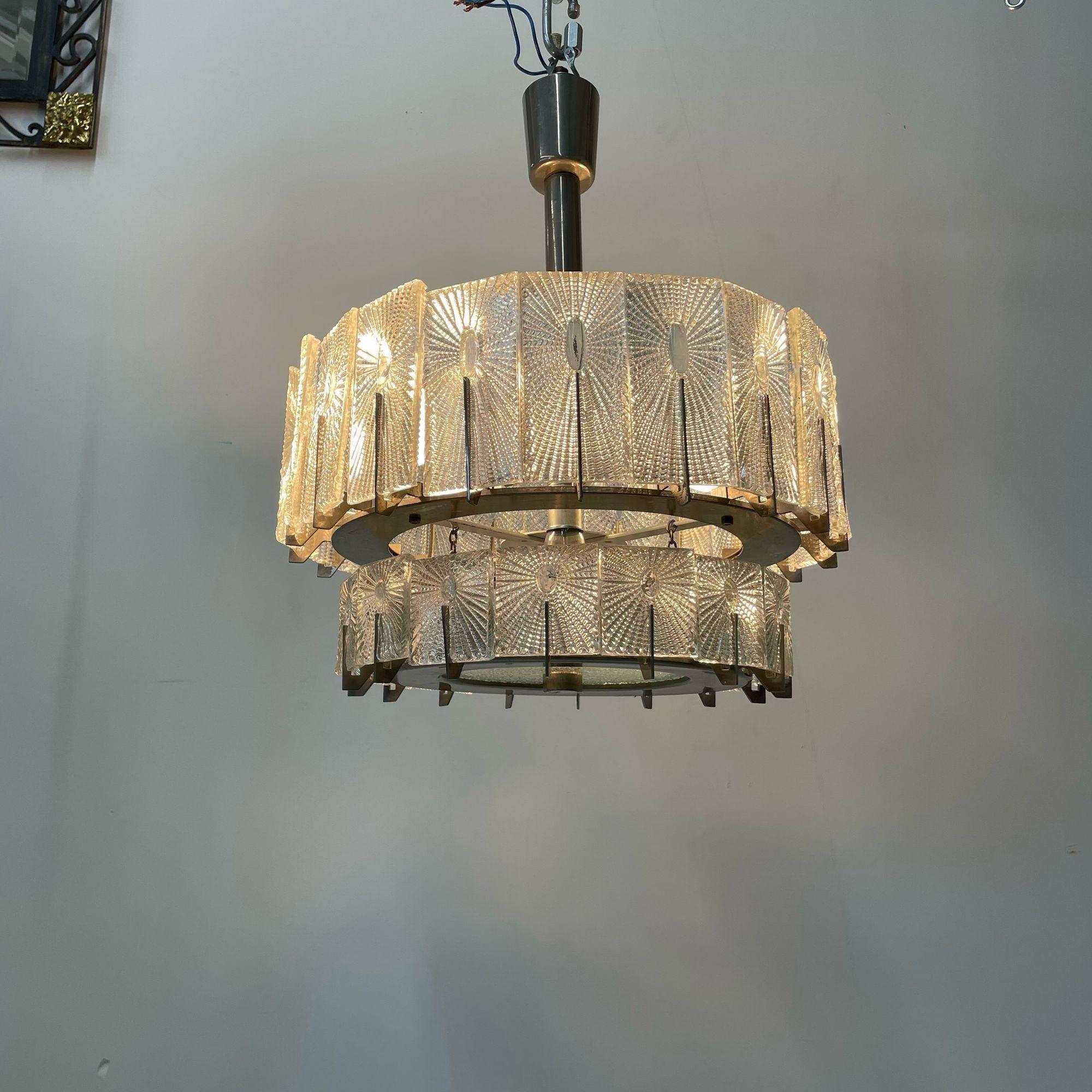 Austrian Mid-Century Modern Two-Tier Chandelier / Pendant, Glass, Rupert Nikoll In Good Condition For Sale In Stamford, CT