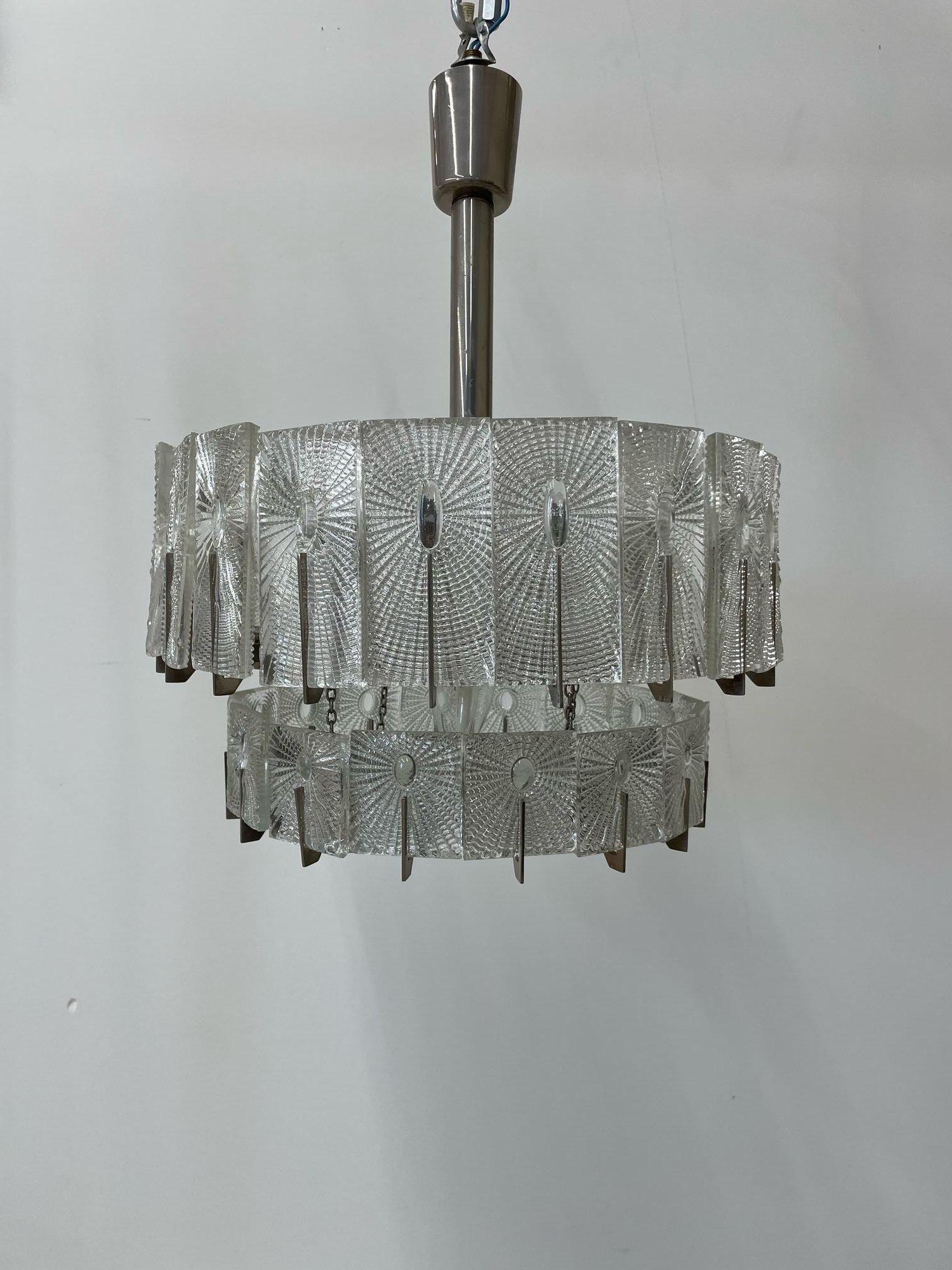 Mid-20th Century Austrian Mid-Century Modern Two-Tier Chandelier / Pendant, Glass, Rupert Nikoll For Sale