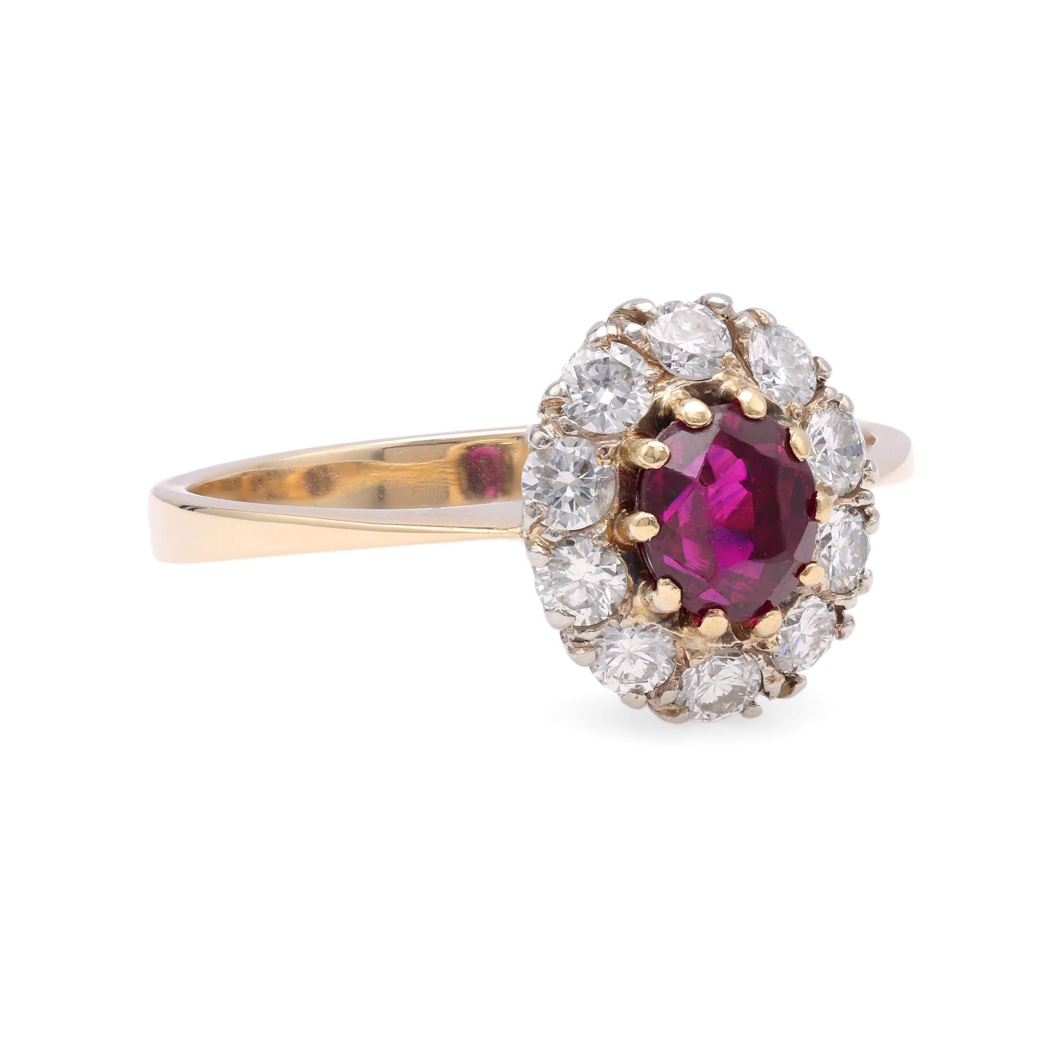 Cushion Cut Austrian Mid Century Ruby Diamond Gold Cluster Ring For Sale