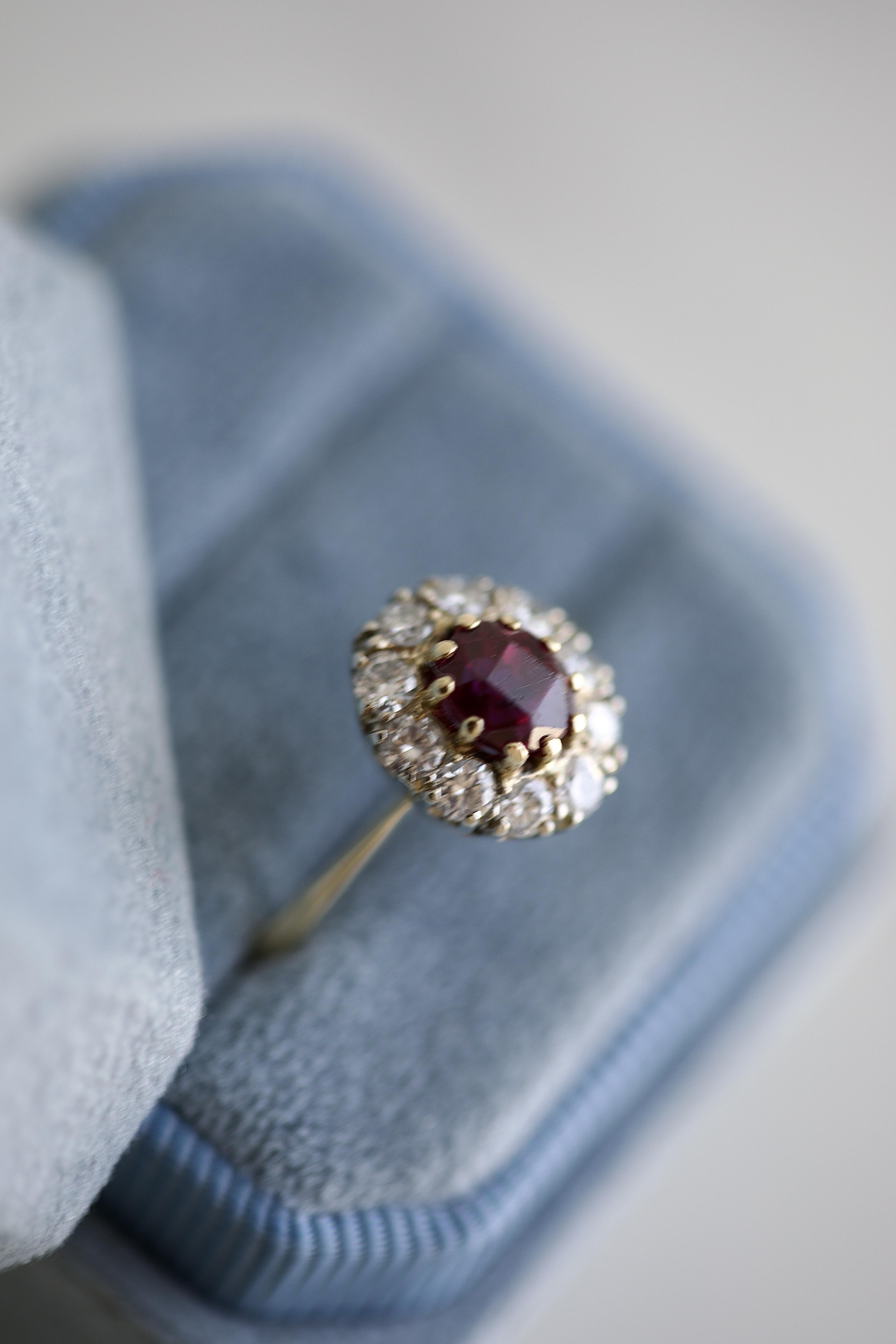 Austrian Mid Century Ruby Diamond Gold Cluster Ring In Excellent Condition For Sale In Beverly Hills, CA