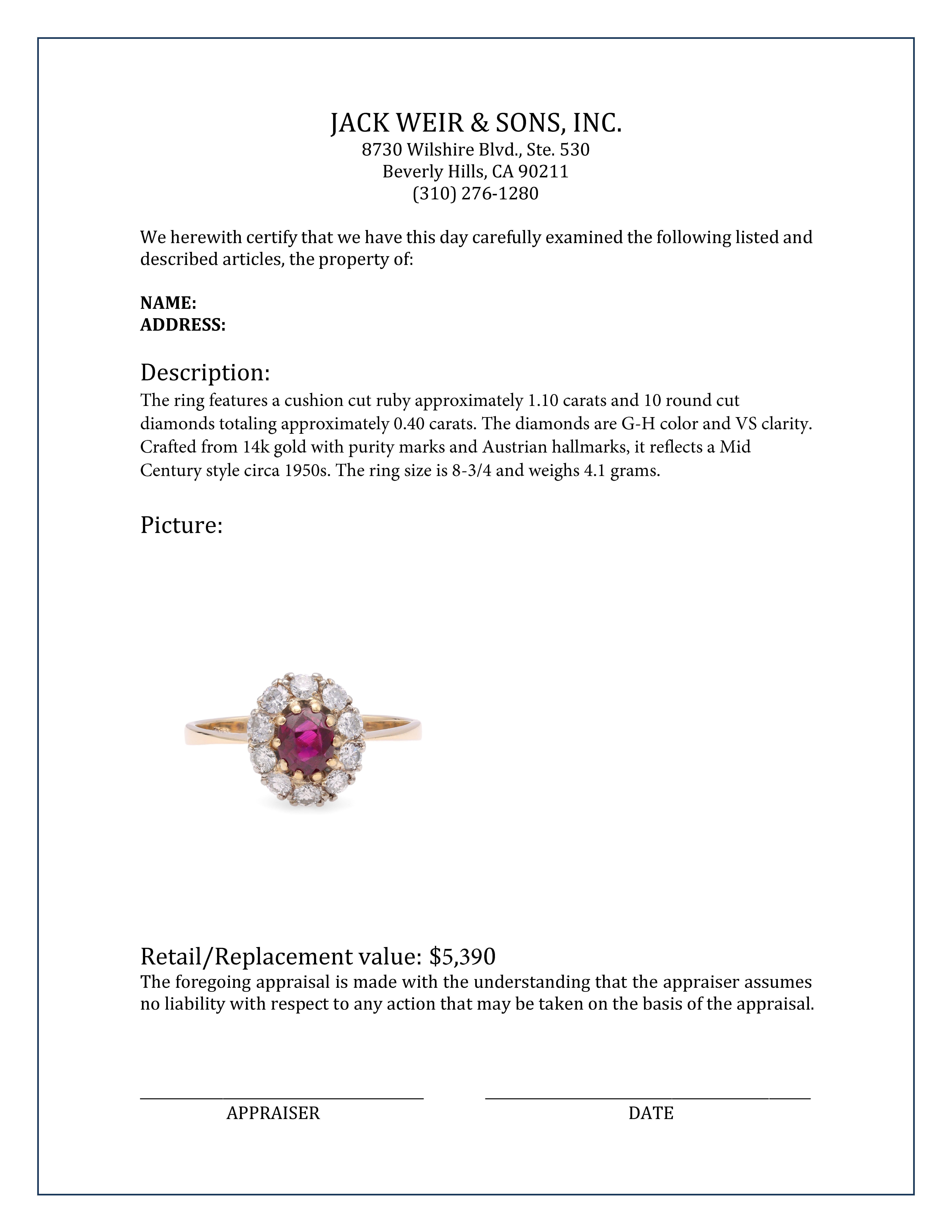 Women's or Men's Austrian Mid Century Ruby Diamond Gold Cluster Ring For Sale