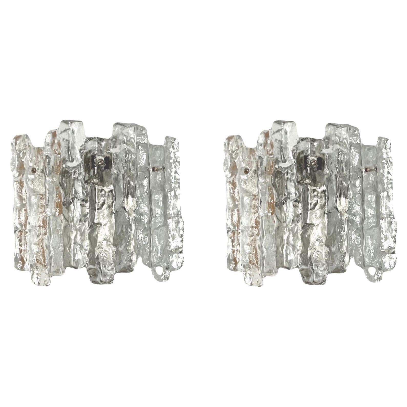 Austrian Midcentury "Sierra" Ice-Glass Pair of Wall Sconces by Kalmar, 1970s For Sale