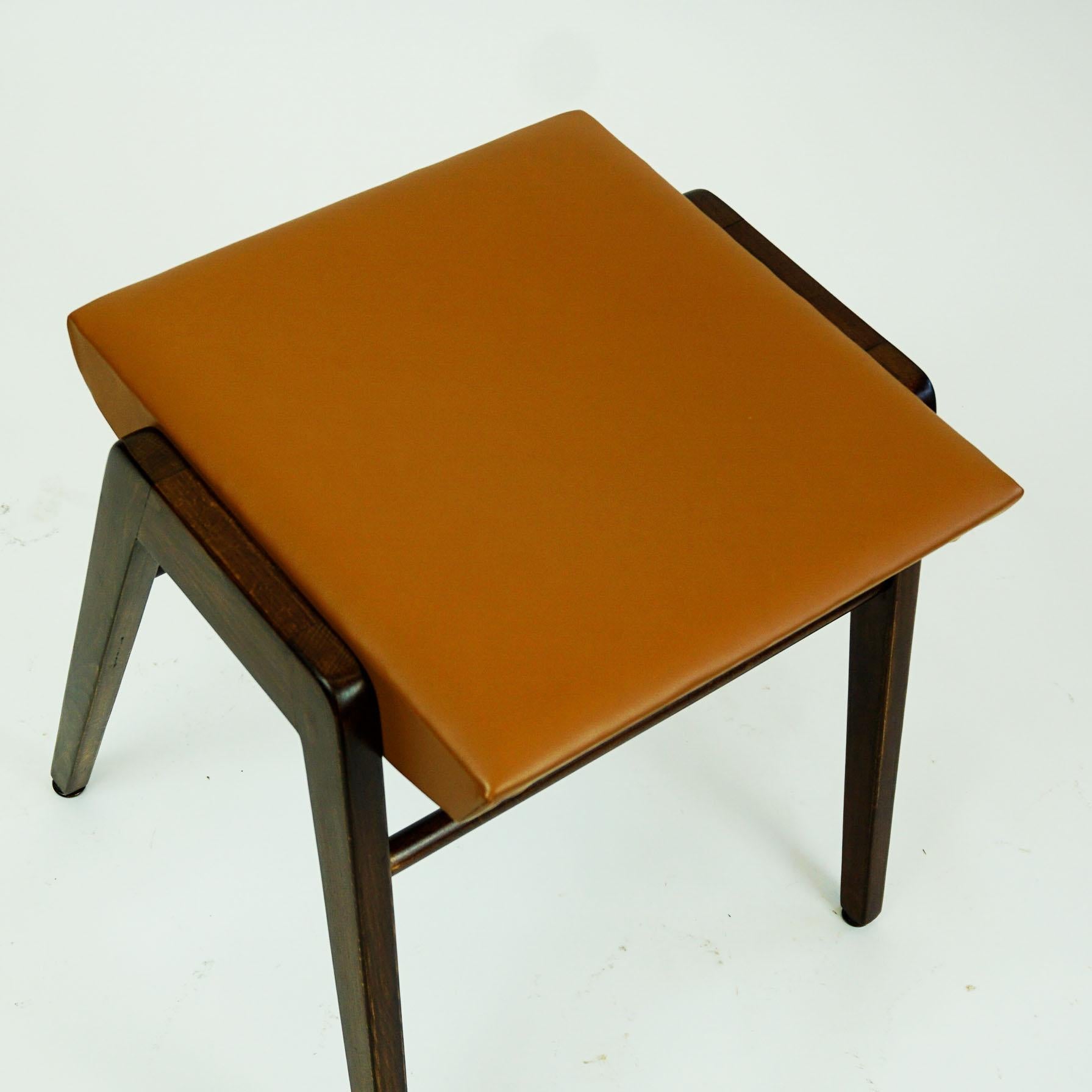 Austrian Midcentury Beech and Cognac Brown Leather Stool by Franz Schuster 5