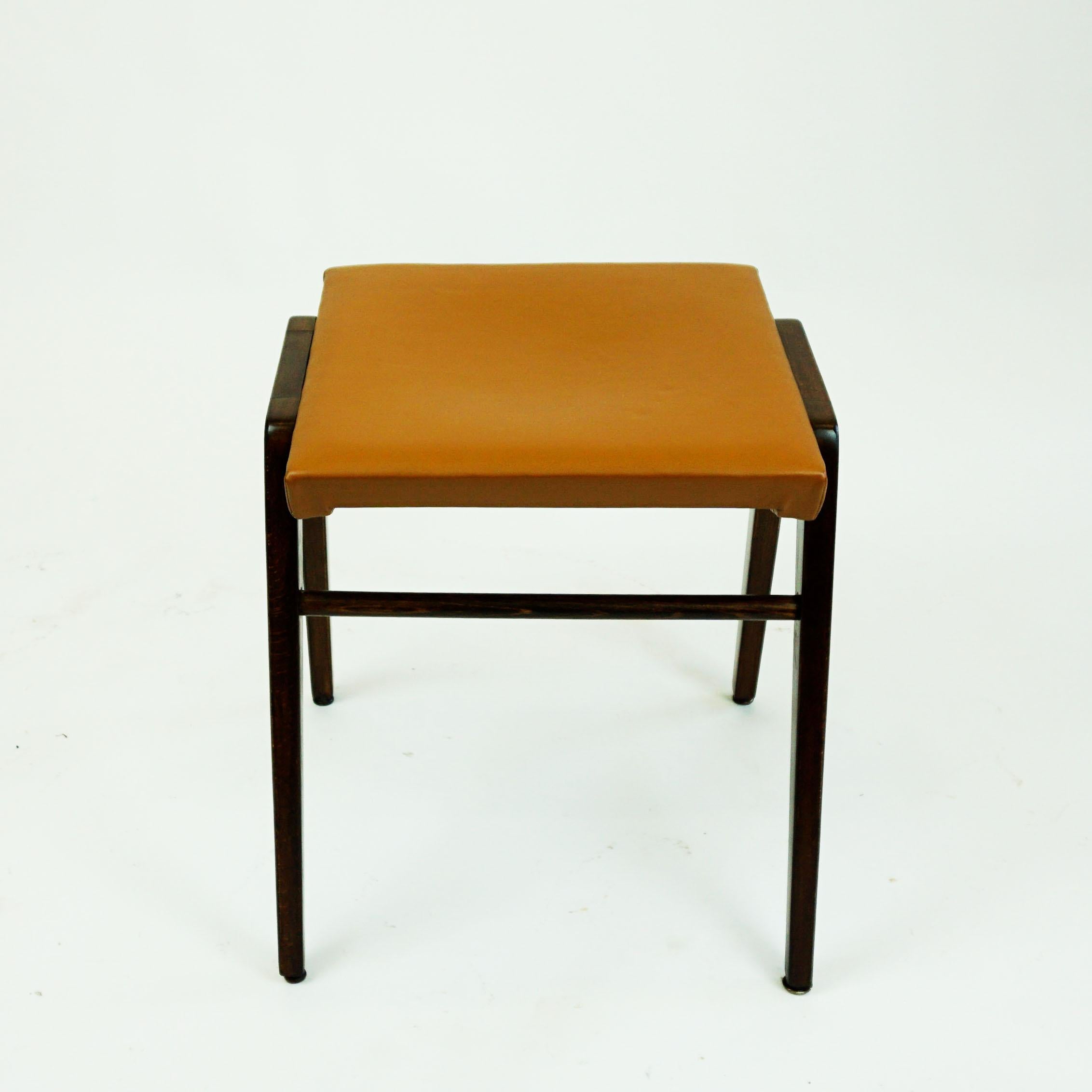Mid-Century Modern Austrian Midcentury Beech and Cognac Brown Leather Stool by Franz Schuster