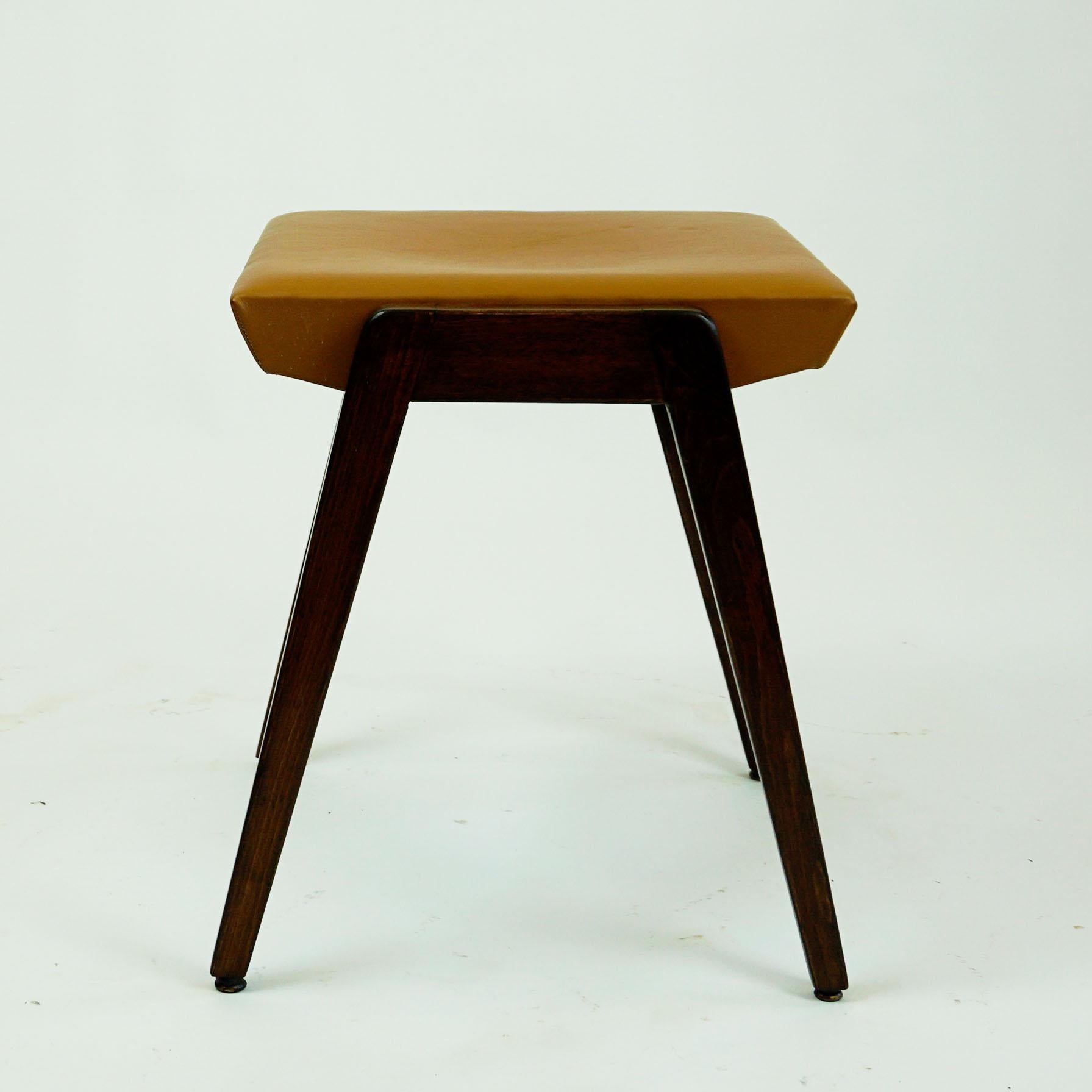 Mid-20th Century Austrian Midcentury Beech and Cognac Brown Leather Stool by Franz Schuster