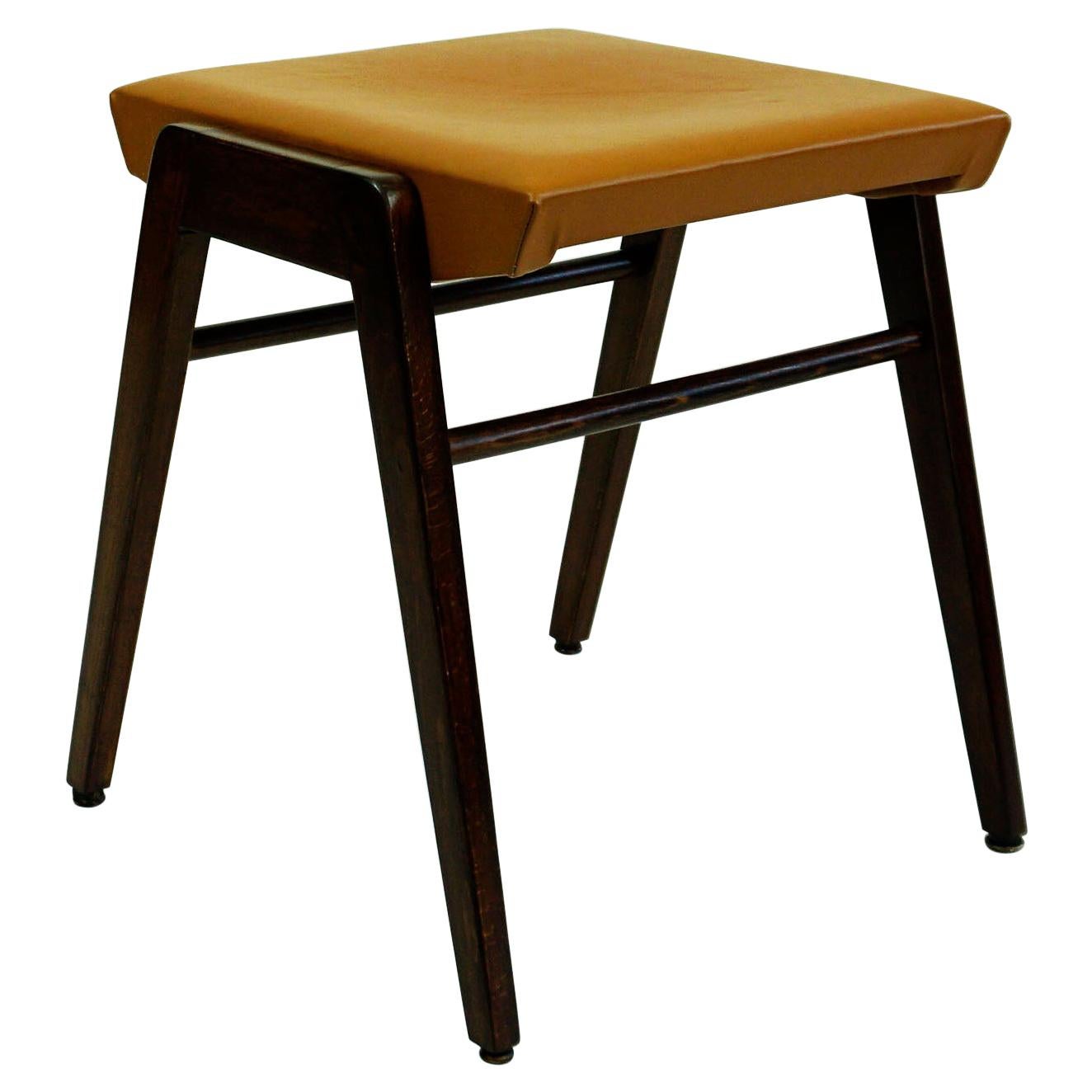 Austrian Midcentury Beech and Cognac Brown Leather Stool by Franz Schuster