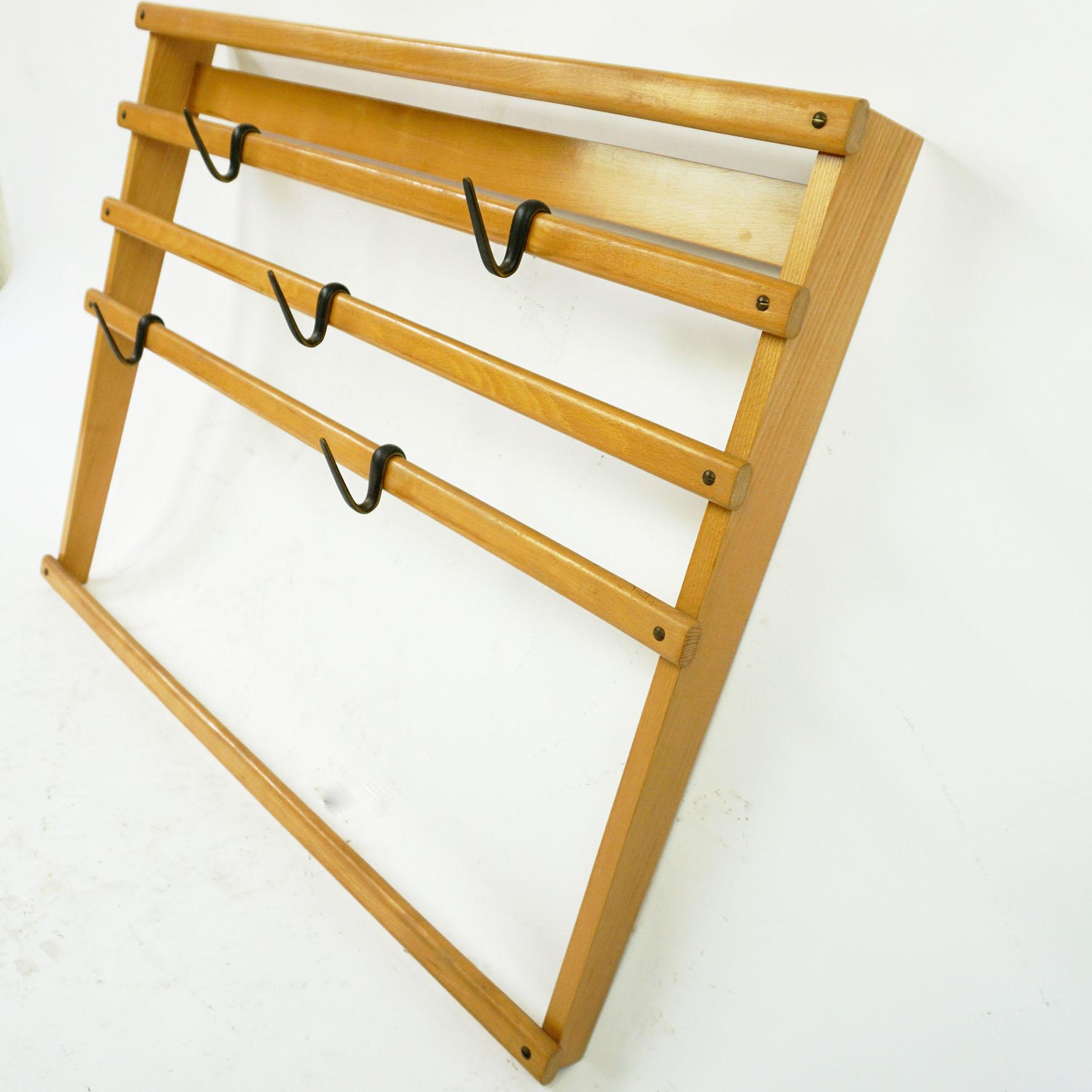 Mid-20th Century Austrian Midcentury Beechwood and Blackened Brass Wall Coat Rack by Carl Auböck For Sale