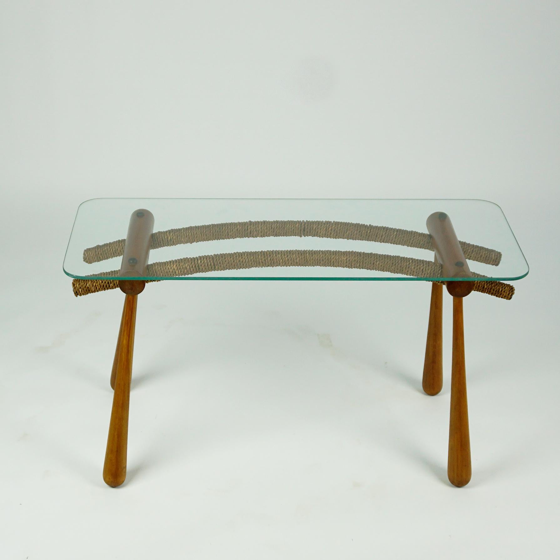 Mid-Century Modern Austrian Midcentury Beechwood Side Table with Cord and Glass Top by Max Kment For Sale