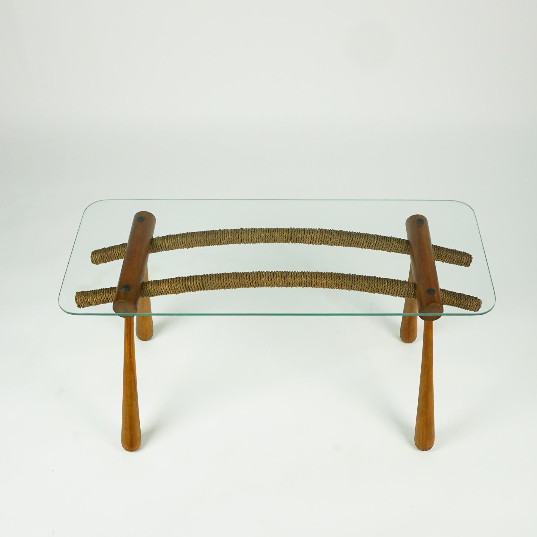 Austrian Midcentury Beechwood Side Table with Cord and Glass Top by Max Kment In Good Condition For Sale In Vienna, AT