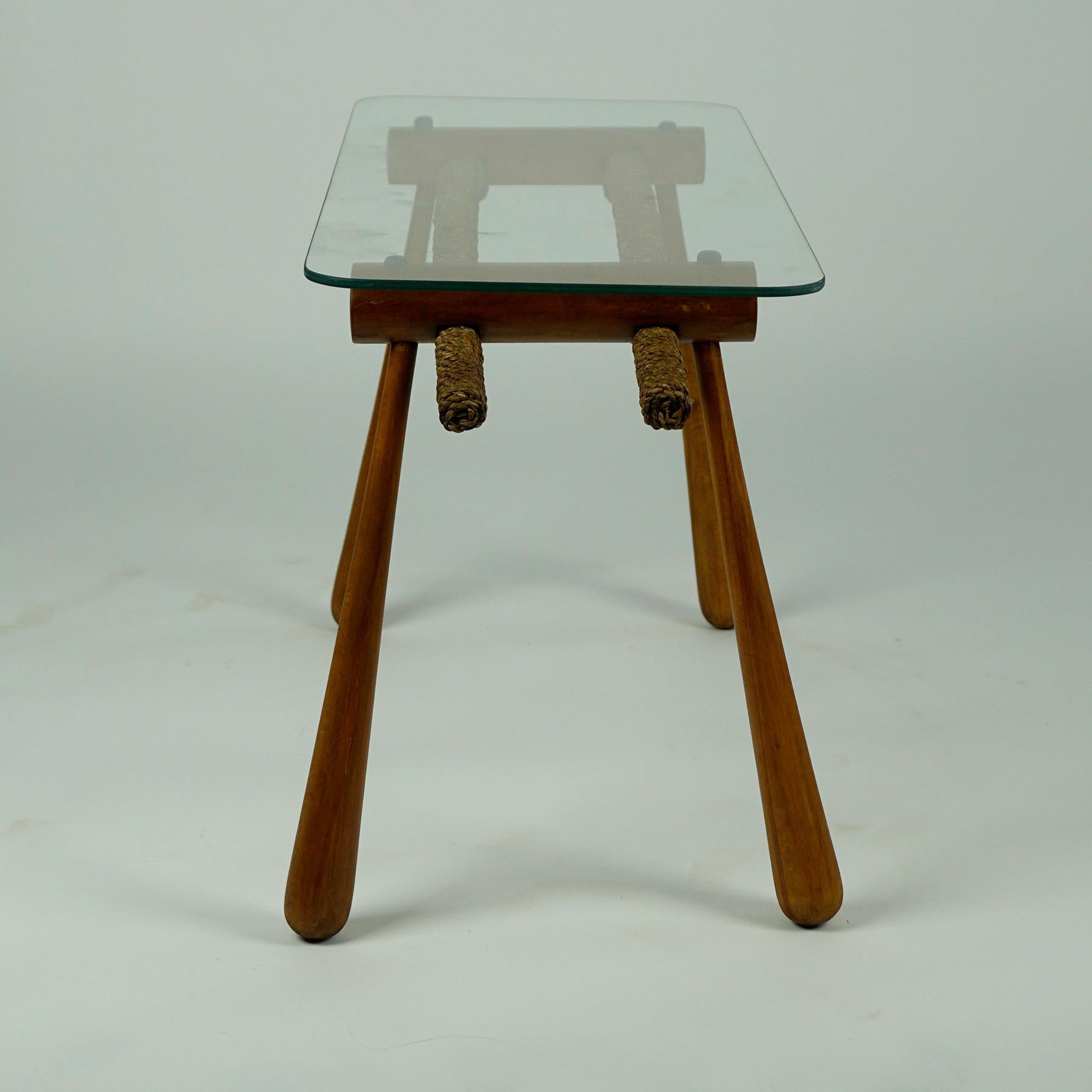 Austrian Midcentury Beechwood Side Table with Cord and Glass Top by Max Kment In Good Condition For Sale In Vienna, AT